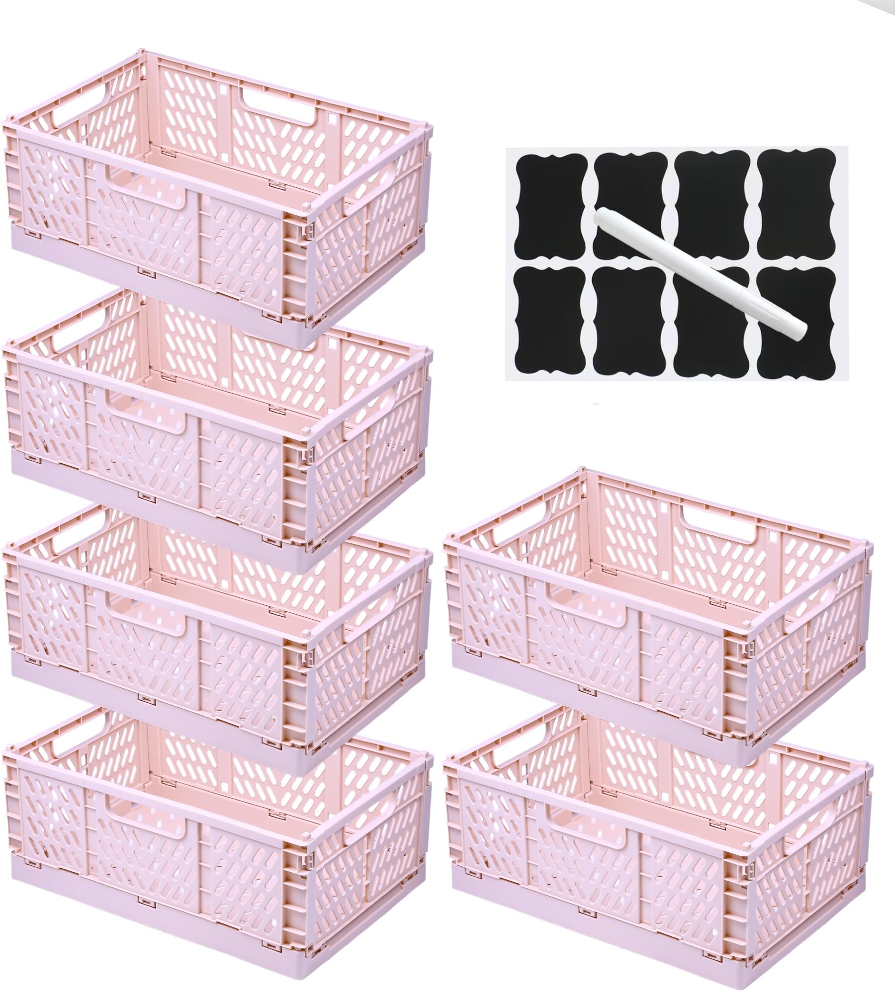 Lot de 6 Boîtes de Rangement Pliables avec étiquettes et Stylos,Paniers de Rangement Pliables avec Poignées,Empilables pour Cuisine,Bureau et Tiroirs (Rose, 42,5×28,5×16,5 cm)