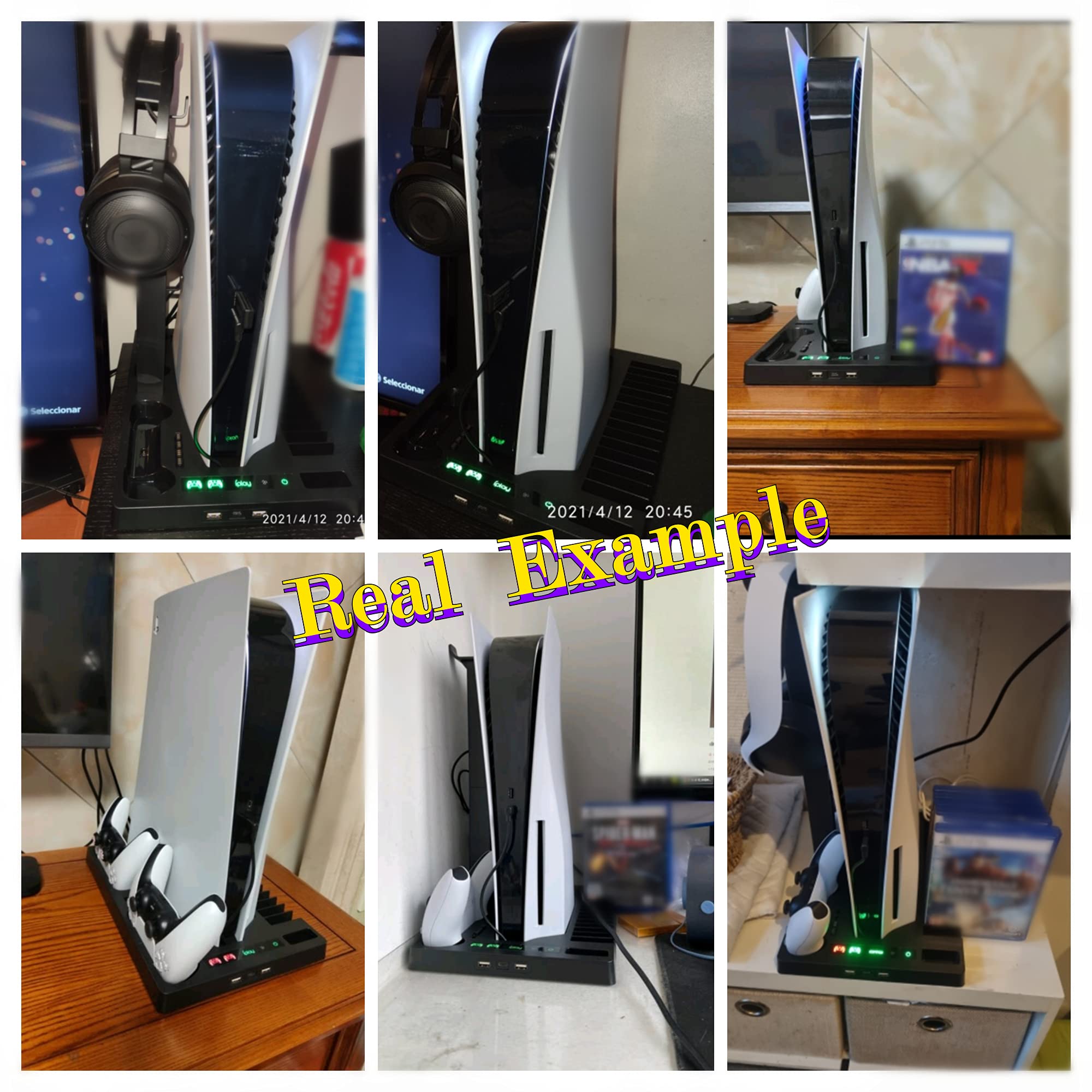 Soporte vertical con ventilador de refrigeración para PS5, puertos de cargador multifunción con soporte para auriculares y 15 estantes de juego para Playstation 5 (incluye 10 joysticks de pulgar Ps5)