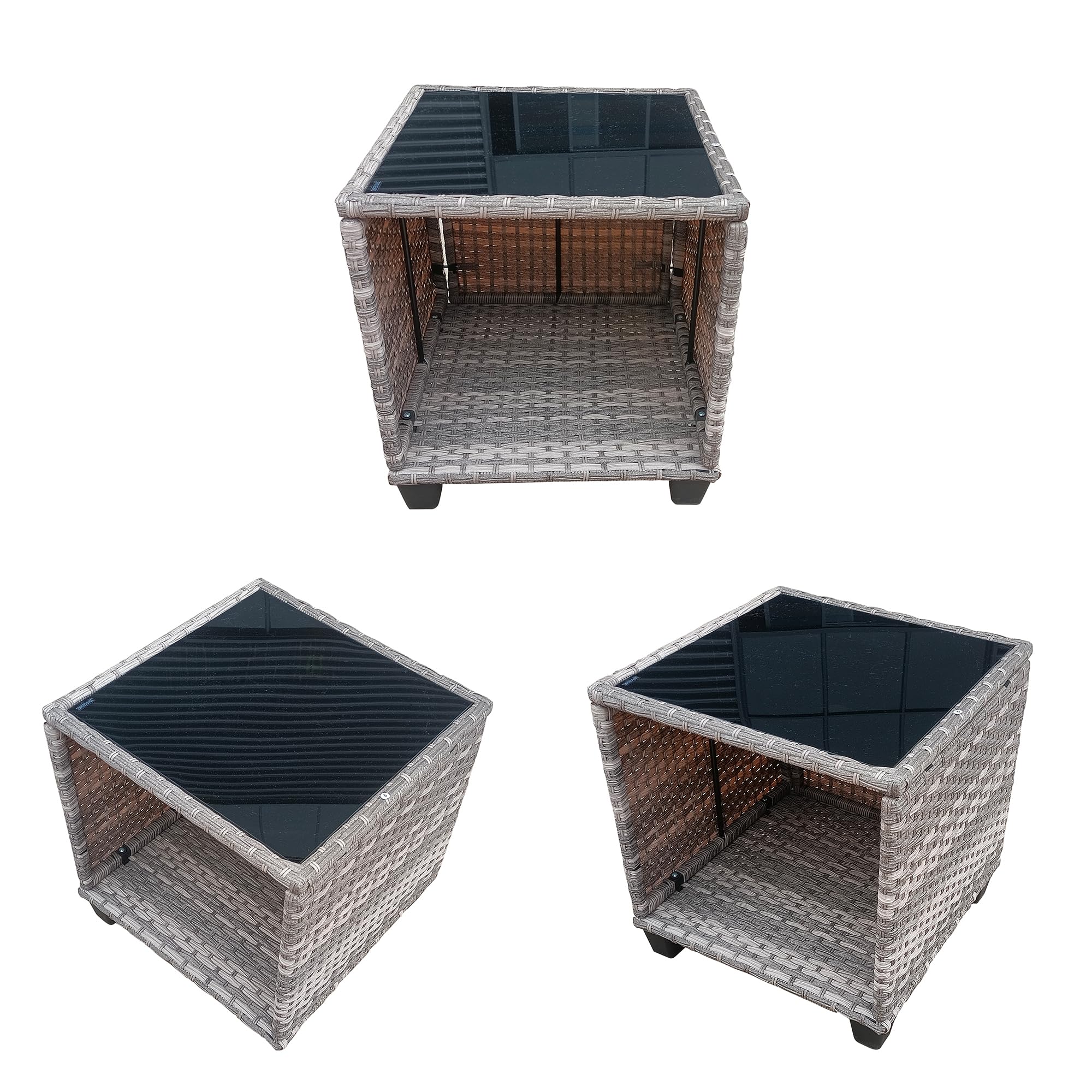 Outsunny 3-delige Rattan Tuinmeubelset, Loungeset, Tuinset met 2 Tuinstoelen met Zit- en Rugkussens, Bijzettafel met Gehard Glasblad, voor Balkon, Staal, Grijs