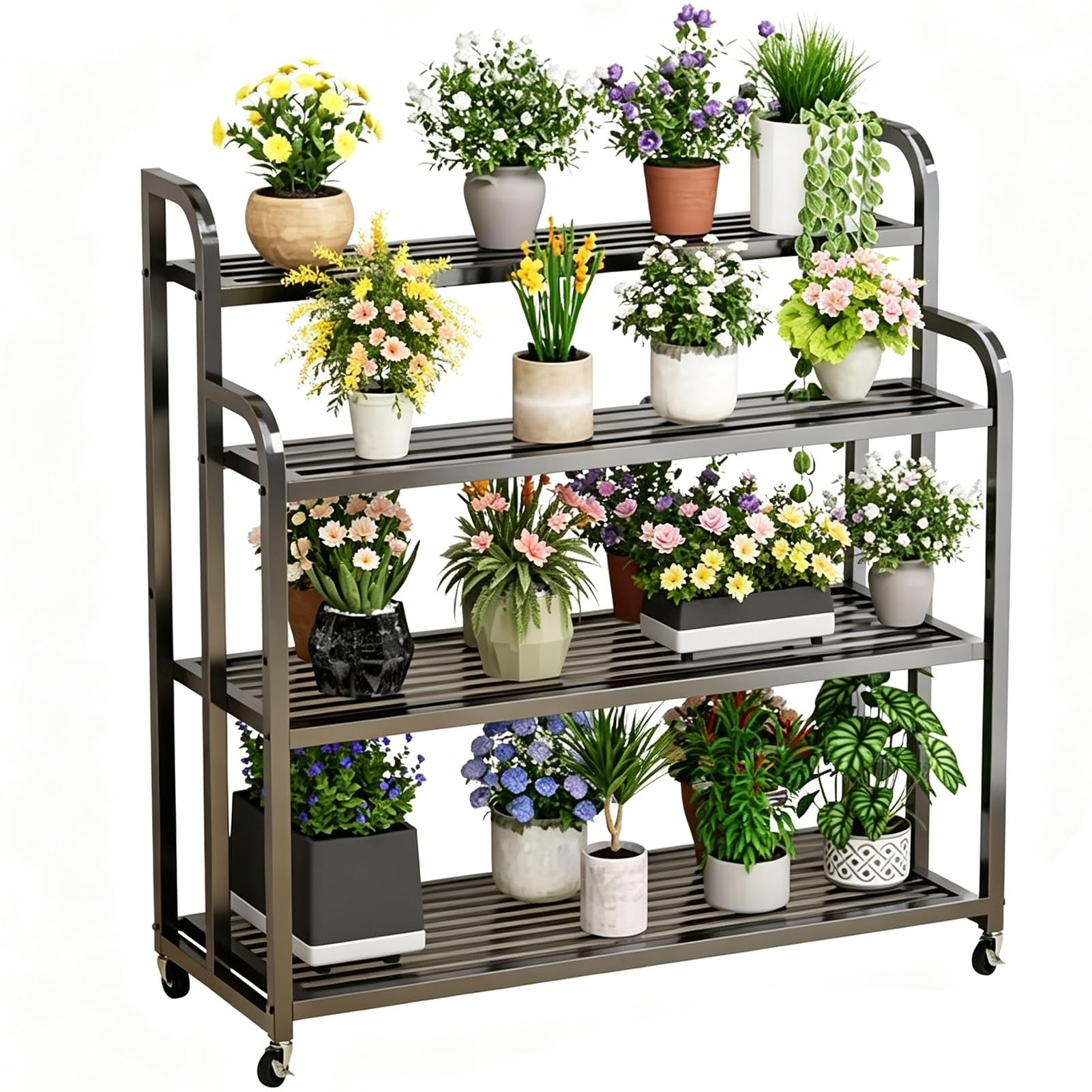 DMCHENGMA Flower Pot Stand Shelf Plant Rack with Wheels 4 Tiers Black Metal Iron Ladder Flower Display Shelves Indoor Outdoor Display Flower Plant Racks(100x40x120cm)