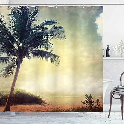 Miniatura 10 de Ambesonne Cortina de ducha hawaiana, diseño de hibisco hawaiano tropical, silueta de niña, tabla de surf, impresión de arte retro, juego de Fucsia