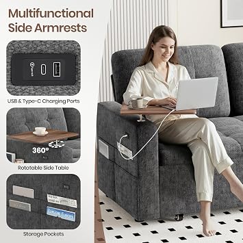 2 Seater Sofa Bed with USB & Type-C Charging Ports, 3 in 1 Convertible Corner Sleeper Chair Bed with 360° Swivel Table, 6-Position Adjustable Backrest, Pull Out Double Sofa Bed for Living Room (Grey)