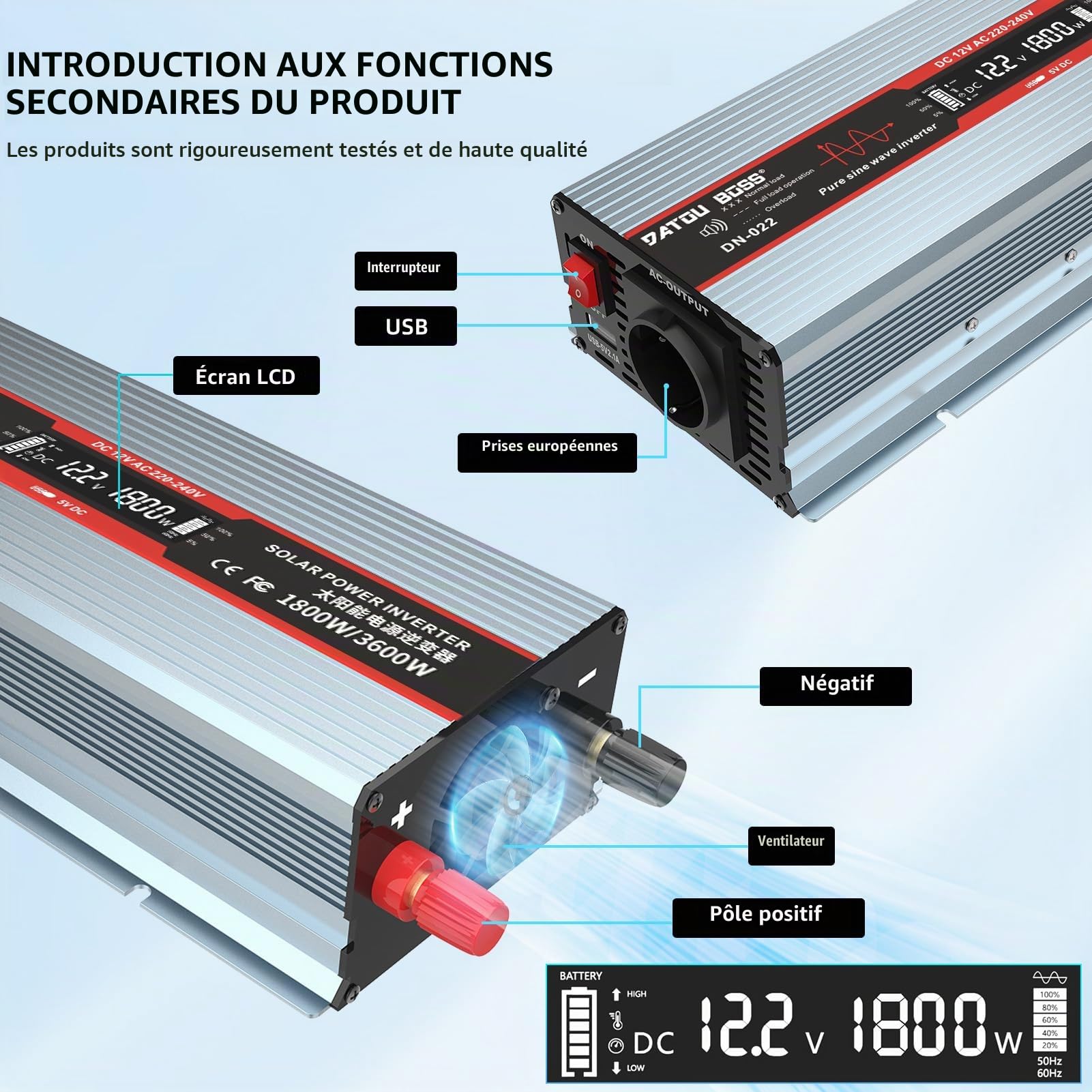 DATOUBOSS Convertisseur 12v 220v Pur Sinus 1800W Onduleur, Transformateur de Tension avec Prise EU de Courant Alternatif, Port USB Et écran LCD, pour Appareils Ménagers Voiture Caravane Camping Voyage