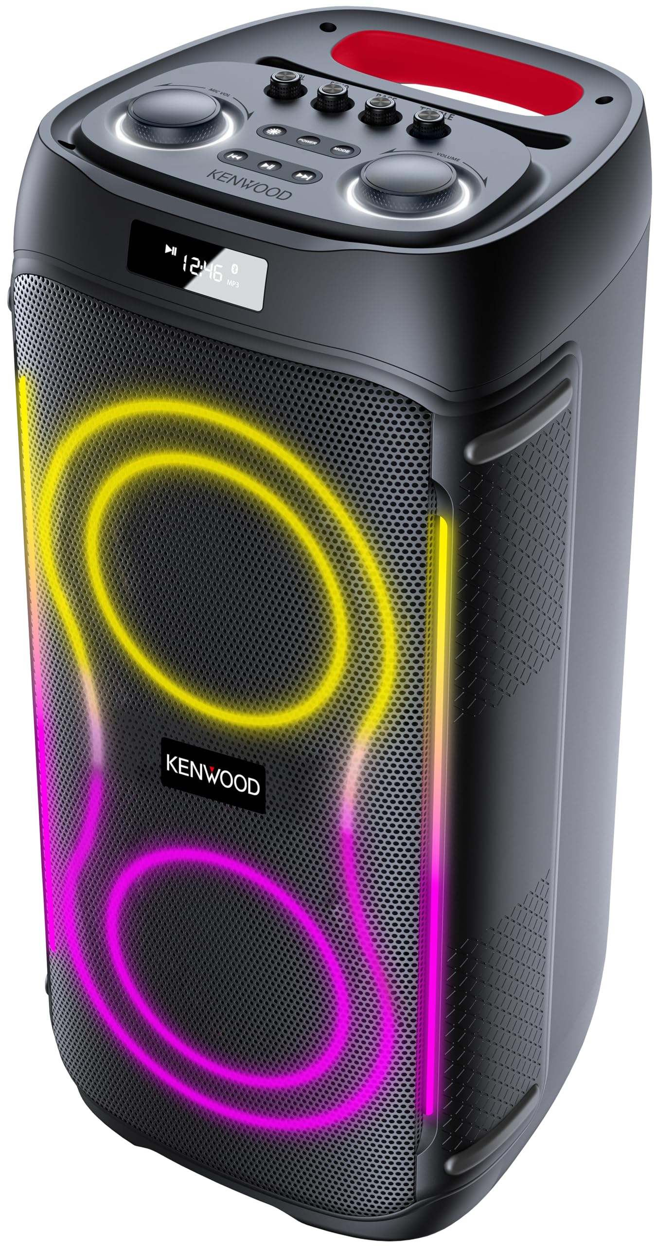 Kenwood AS-P400BT Altavoz Party 100 W RMS, Bluetooth 5.3, DSP, TWS estéreo, USB/TF/AUX, Entrada de micrófono y Guitarra, Luces LED, Controles Bajos/Agudos, batería hasta 8h – Negro