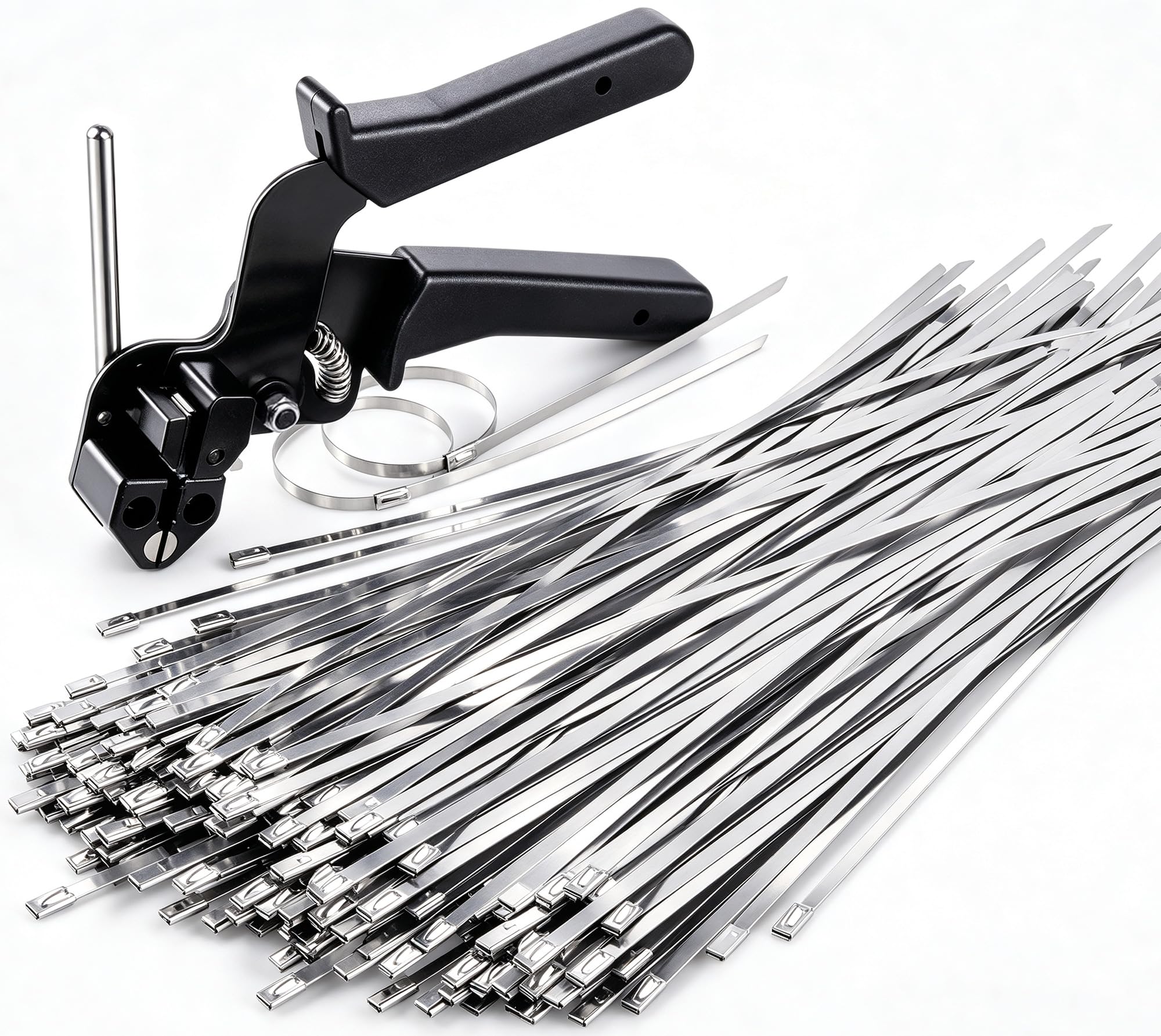 Sinlon Edelstahl-Kabelbinderpistole, Spezialwerkzeug zum Befestigen und Schneiden von Metall-Kabelbindern, mit 150 Stück 30 cm UV-beständigen, robusten Kabelbindern für Zaun, Auspuffrohre im Freien. | Robustes Drahtzaun-Reparaturwerkzeug, für Kettengliede