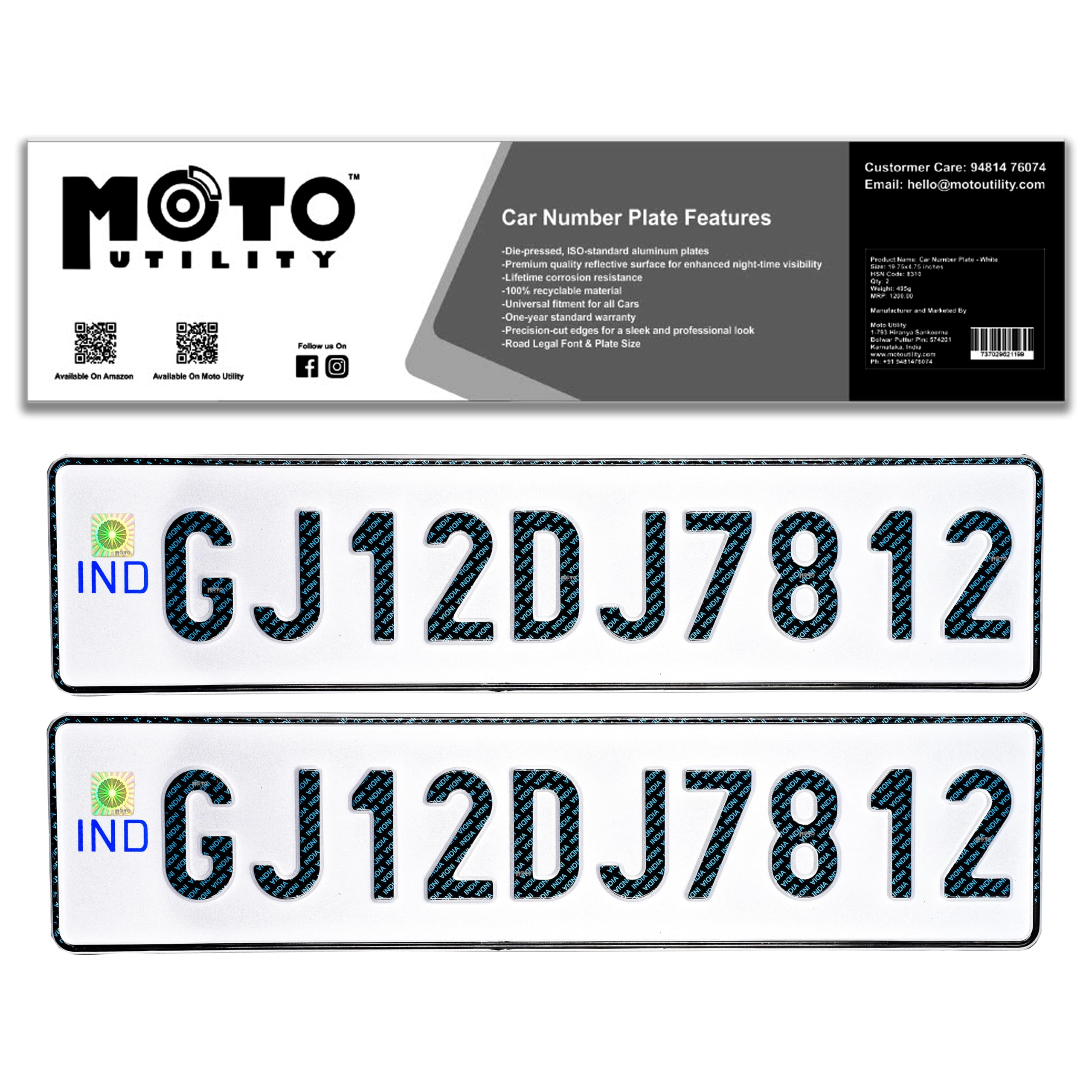 Moto Utility Car Number Plate Set | Aluminium Die-Pressed | IND Font & Hologram | Non-HSRP | Radium White | Front & Rear Plates (19.75 Inch) | Universal Fit for Cars