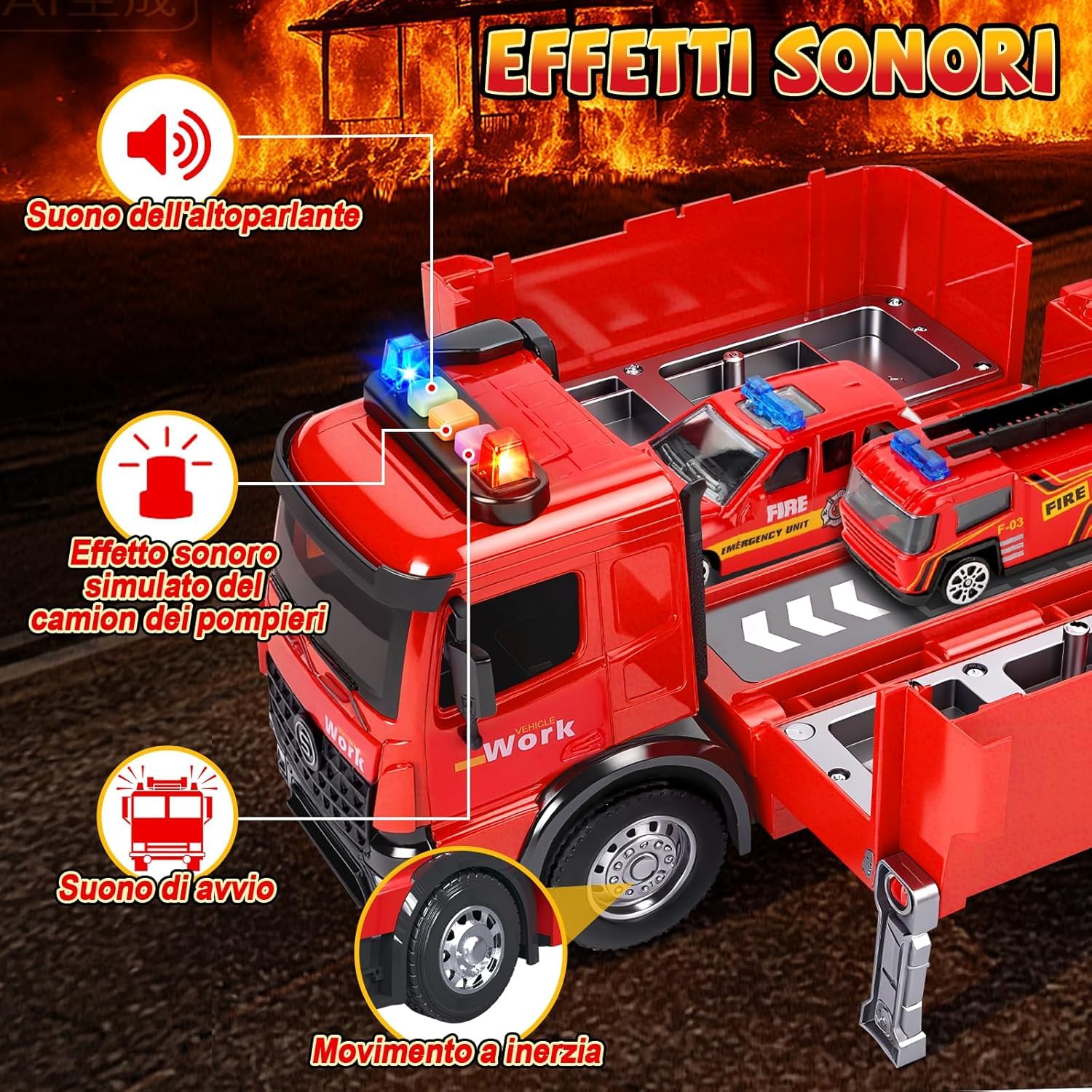JONRRYIN Camion Pompieri Giocattolo per Bambini, Autopompa dei Vigili del Fuoco con Luci e Suoni, Pompiere Giocattoli con Irrigatore e Scala Retrattile, Regalo Antincendio Bambini 3 4 5 6 7 8 Anni