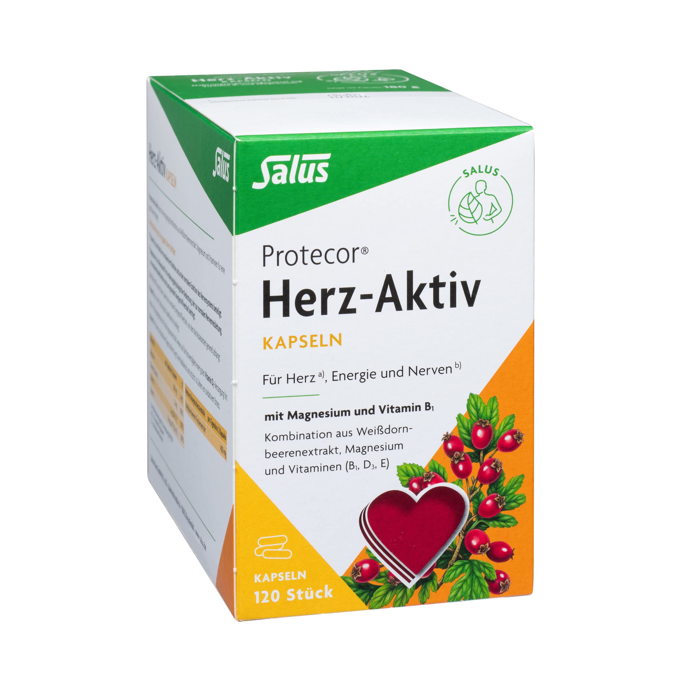 Salus Protecor Herz-Aktiv - 1x 120 Kapseln (180 g) - Nahrungsergänzungsmittel mit Vitamin B1 und Magnesium - zur Unterstützung der Herz und Muskelfunktion - Vitamin E und D3 plus Weißdornbeerenextrakt