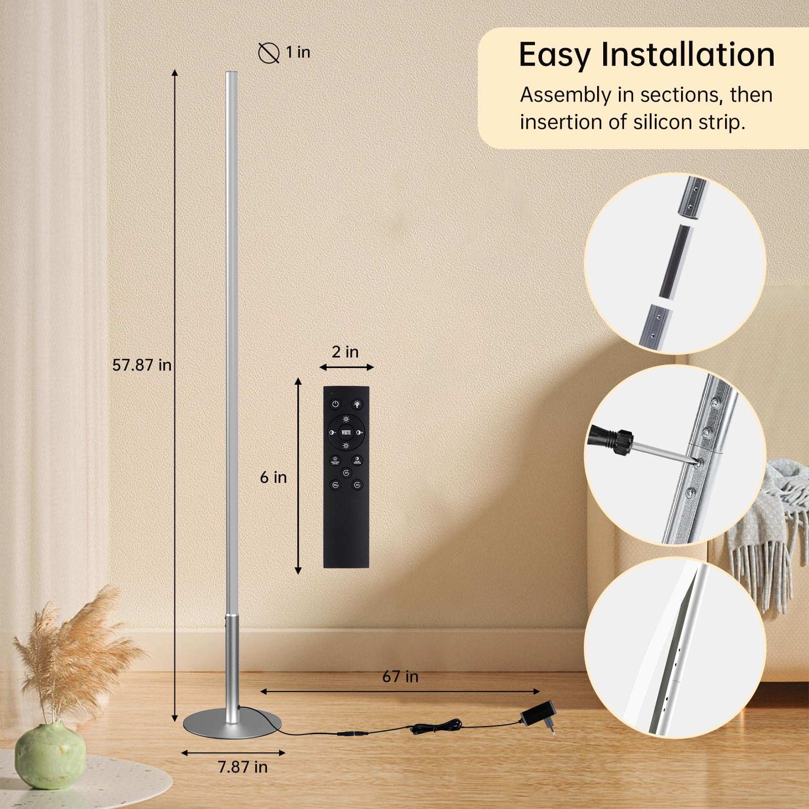 Lampade da Terra per Soggiorno, Moderna Lampada da Terra Dimmerabile Luce Angolare con Telecomando, Regolabili Continuo Colori 2700K-6500K & Luminosità, Lampada da Lettura per Ufficio, 147CM