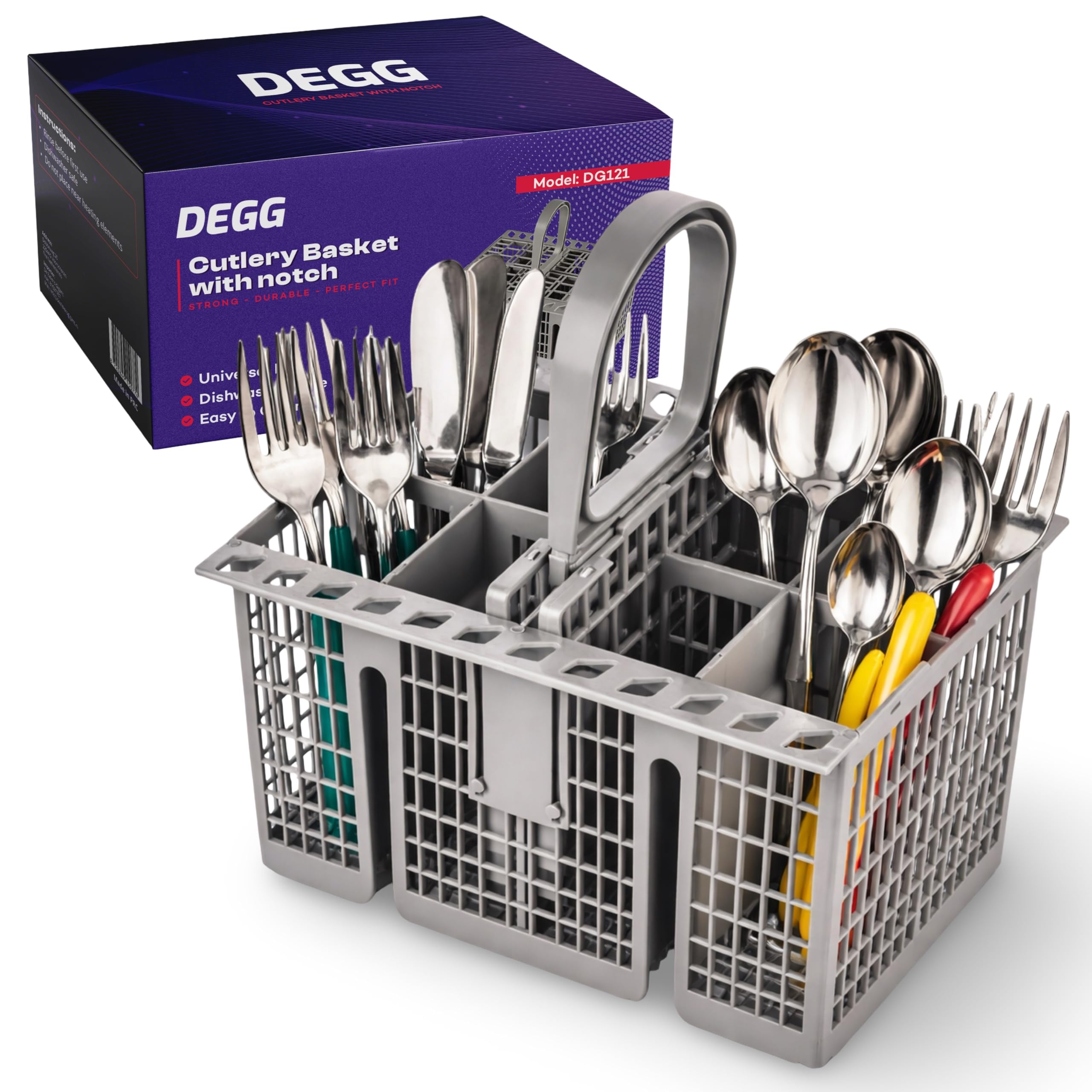 DEGG® Cesta Universal para Cubiertos de Lavavajillas | Cesta para Lavavajillas, Cesta para Cubiertos con Asa y Compartimentos, Resistente al Calor
