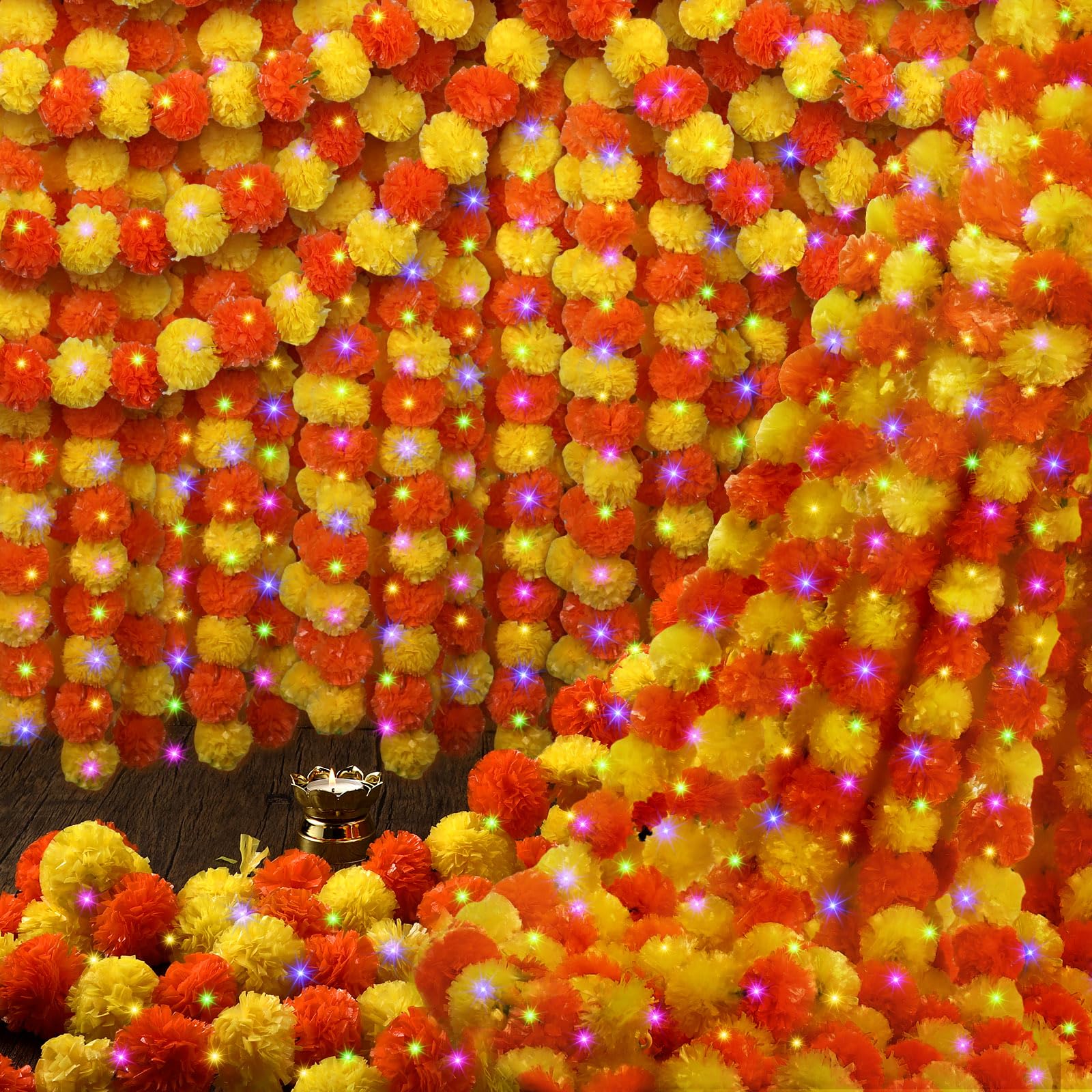 8 Pcs 5 Feet Halloween Marigold Garland for Decoration with Light Artificial Marigold Flowers Indian Faux Garlands for Day of The Dead Diwali Wedding Party Decoration (Yellow, Orange)