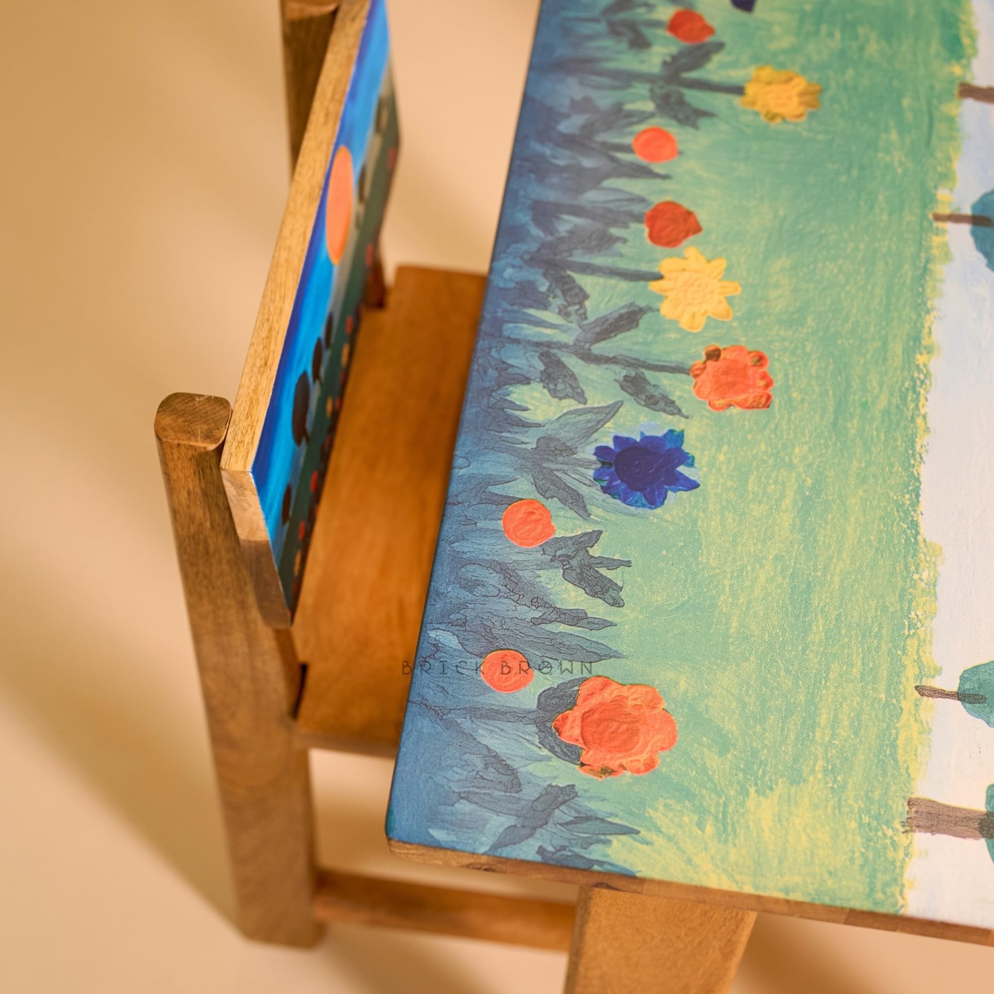 Brick Brown® Dreamland Kids Wooden Study Table & Chair Set | Handcrafted Solid Mango Wood Children Study Desk & Chair Furniture | Sunset Design | Table (24 x 20.1 x 21.3 in), Chair (12 x 12 x 22 in) 4