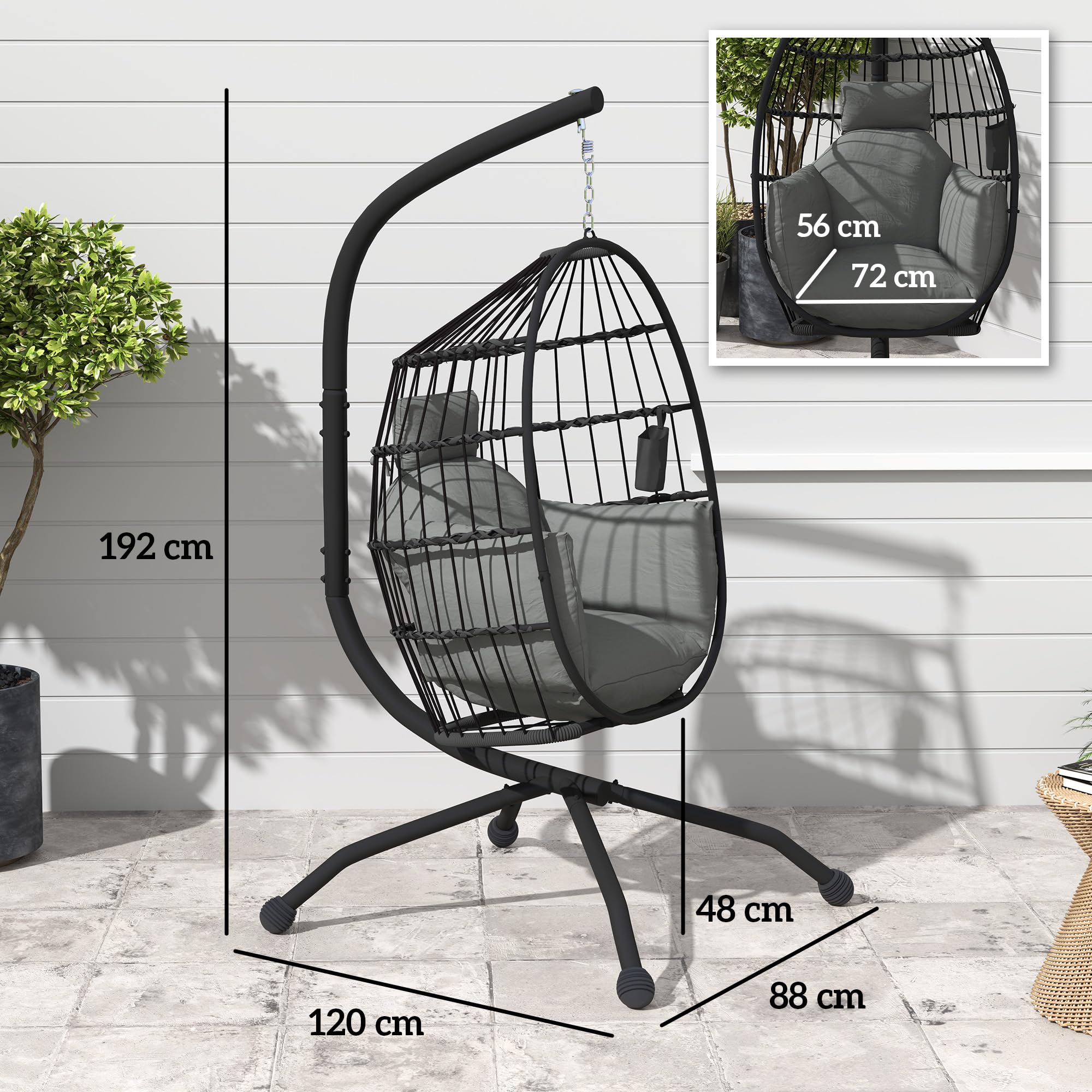 Outsunny Silla Colgante Huevo con Soporte Columpio Jardín Exterior con Cesta Plegable Cojín y Reposacabezas Portavaso Columpio Colgante para Interior y Exterior Carga 120 kg Negro
