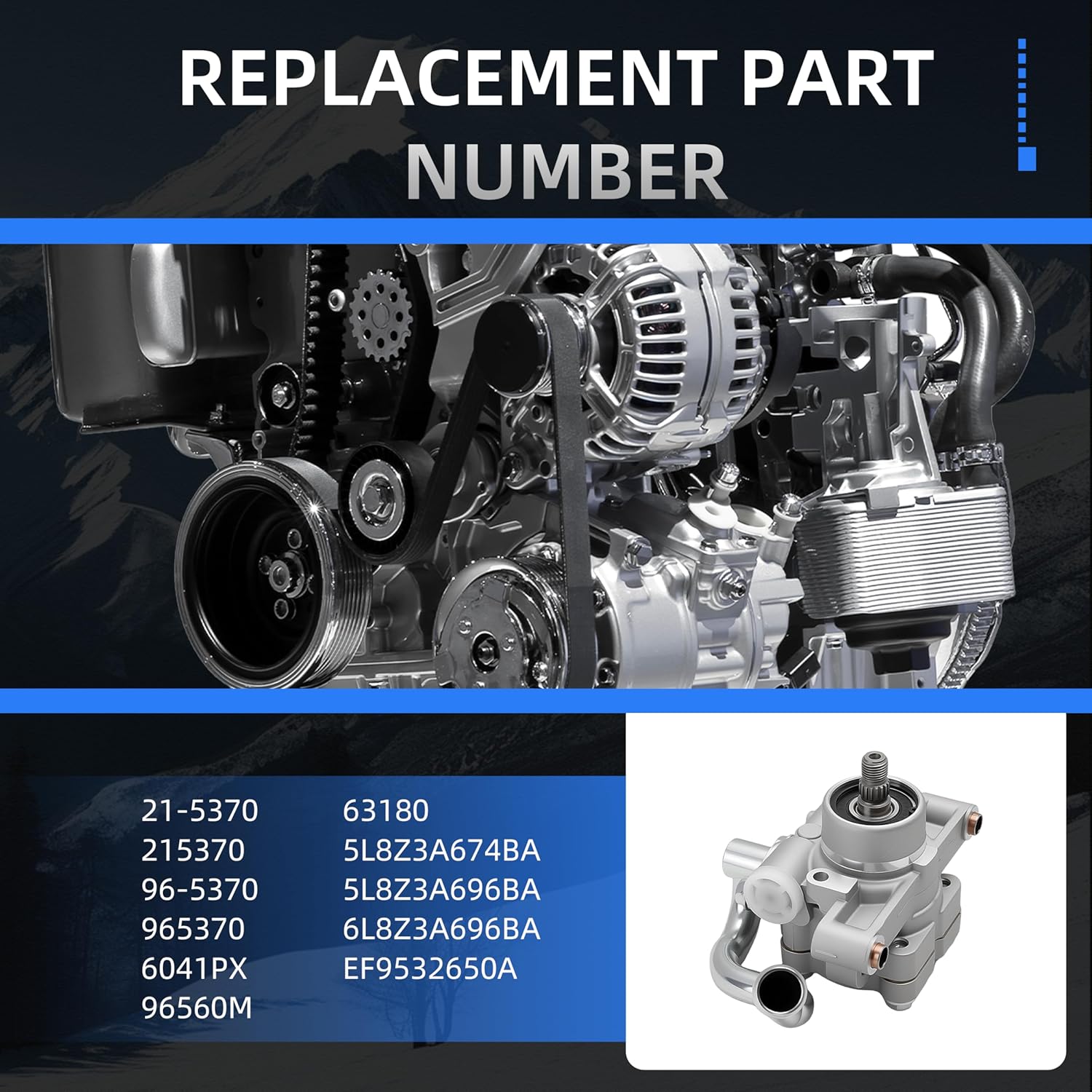 Power Steering Pump, for Ford Escape 2004-2007, for Mazda Tribute 2005-2006, for Mercury Mariner 2005-2007, V6 3.0L Gas, Replace 21-5370, 965370, 5L8Z3A674BA, 5L8Z3A696BA, 6L8Z3A696BA