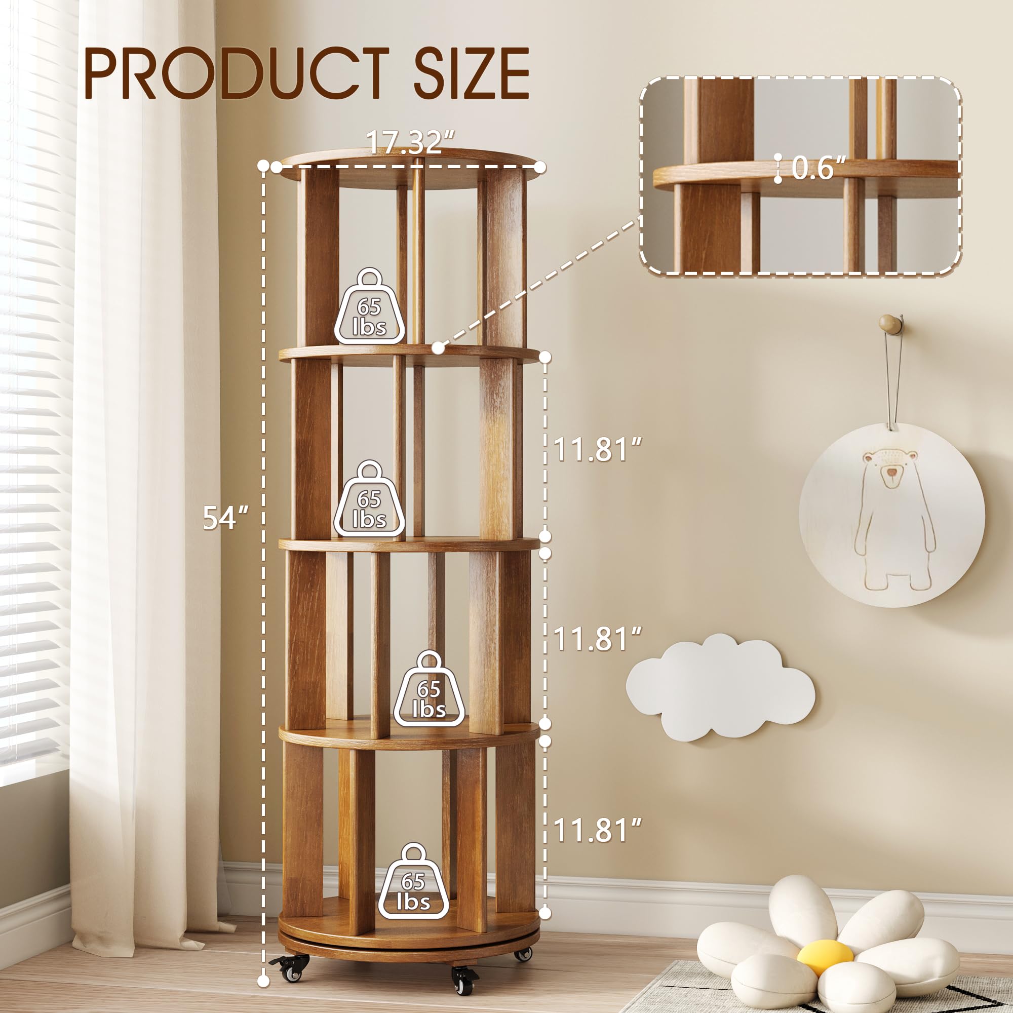 Estantería giratoria de 4 niveles con ruedas giratorias, torre de almacenamiento giratoria para niños y adultos, de madera maciza de nogal estrecho, organizador giratorio para dormitorio, sala de 3