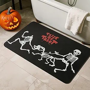 Halloween Bath Mat, Thin Halloween Bathroom Rug Non Slip Quick Dry Skeleton Bath Mat Fits Under Door Thin Floor Mat Halloween Decor, 17''x30'', Skull Treat or Trick Black
