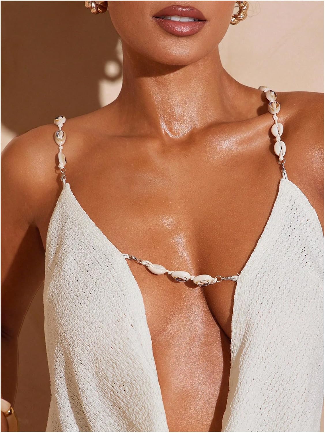 SweatyRocks Women's Cowl Neck Backless Halter Top Crisscross Seashell Chain Going Out Cami Crop Tops - Image 4