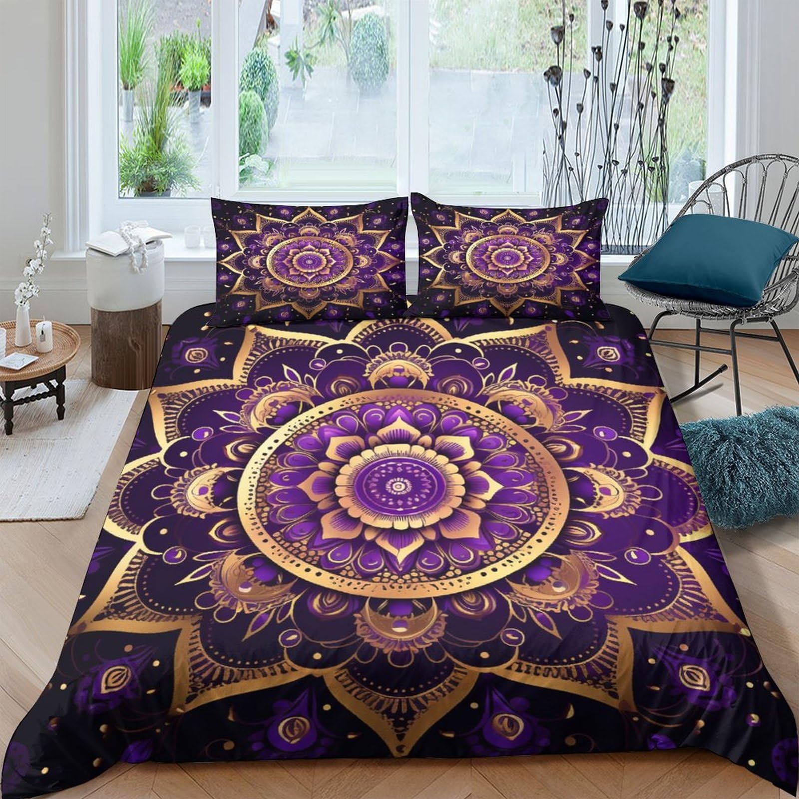 Bohemian Mandala Duvet Cover with Pillowcases 3D Printed Bedding Set with Zipper Closure Unique Design Anti-allergic Quilt Cover Double（200x200cm）