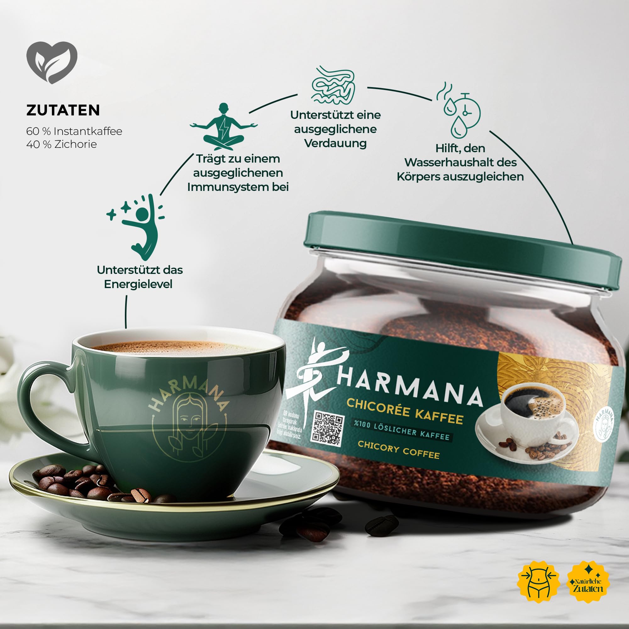 Harmana Zichorienkaffee Instant, 150g (60 Portionen), 60% Instant Kaffee, 40% Zichorie, mit Koffeinfrei für mehr Energie Coffee, kräftiger Geschmack, natürlich, ohne Zuckerzusatz