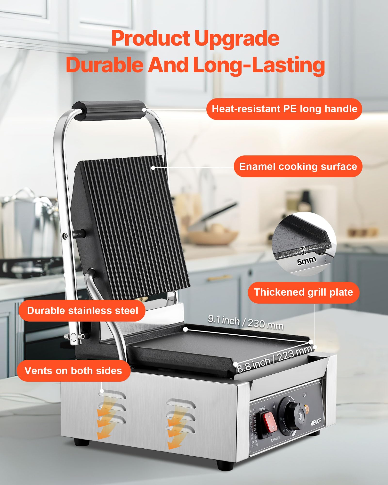 VEVOR Griglia Elettrica per Panini 1800W, Piastra per Panini Sandwich con Piastra Smaltata Piatta 22x23cm, Acciaio Inox, Maniglia, Controllo della Temperatura, per Hamburger, Bistecche