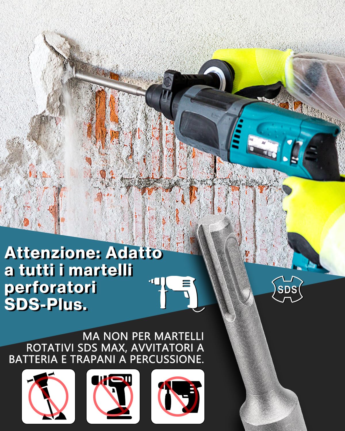 Lytool Scalpello SDS Plus 250 x 75mm - Acciaio Temprato 40Cr per Piastrelle, Colla, Malta, Cemento - Punta Piatta Professionale Compatibile con Bosch, Hilti, Makita