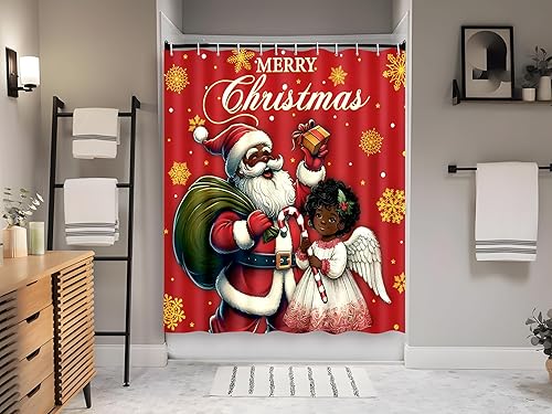Miniatura 4 de Cortina de ducha de Navidad negra con 12 ganchos, decoración de baño de Papá Noel para niña, 72 x 72 pulgadas, decoración navideña