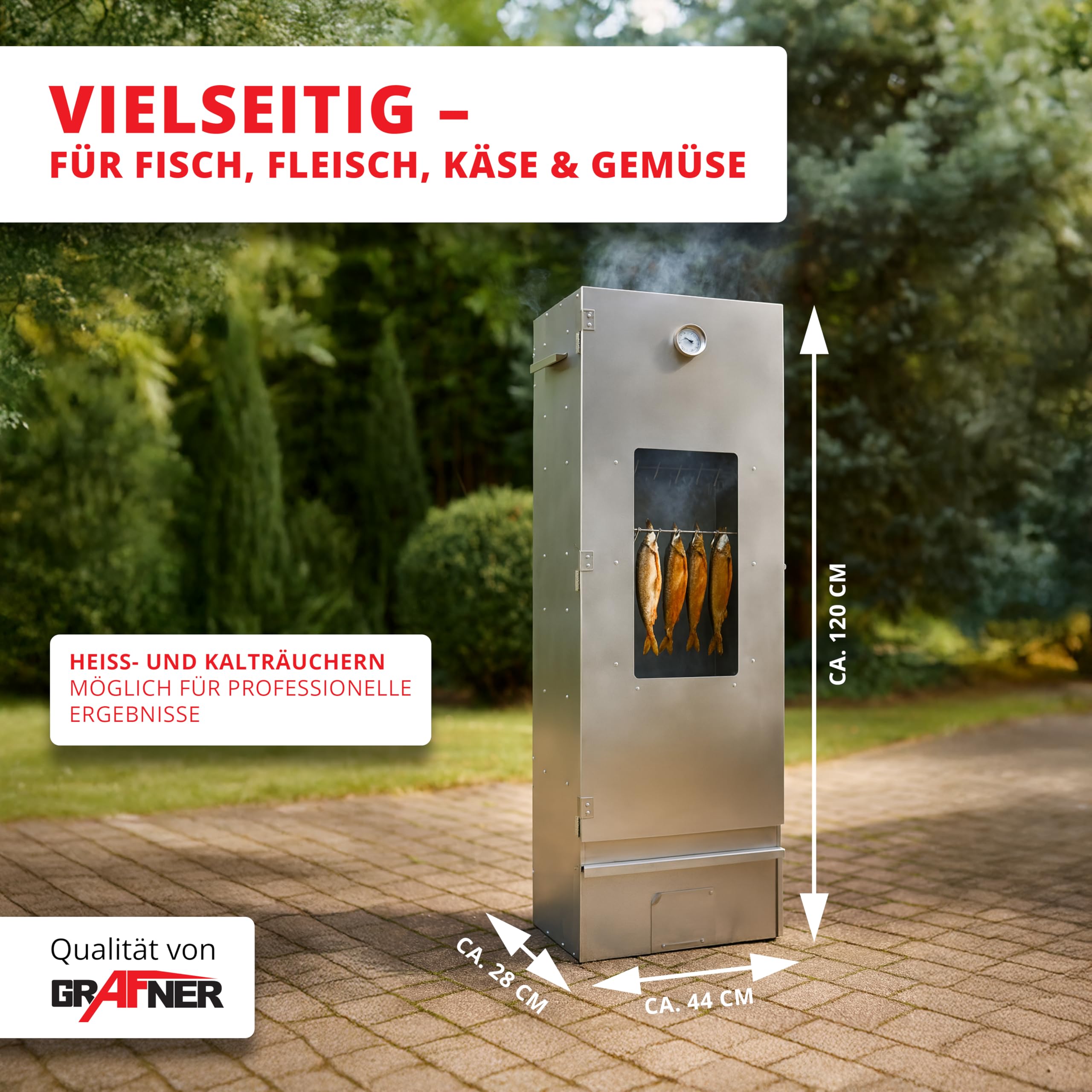 Grafner XXL Räucherofen mit 6 Etagen, Sichtfenster und Thermometer, legierter Stahl, 12x Haken, Räucherschrank zum Heißräuchern und Kalträuchern, Smoker für Fisch Fleisch Käse Gemüse