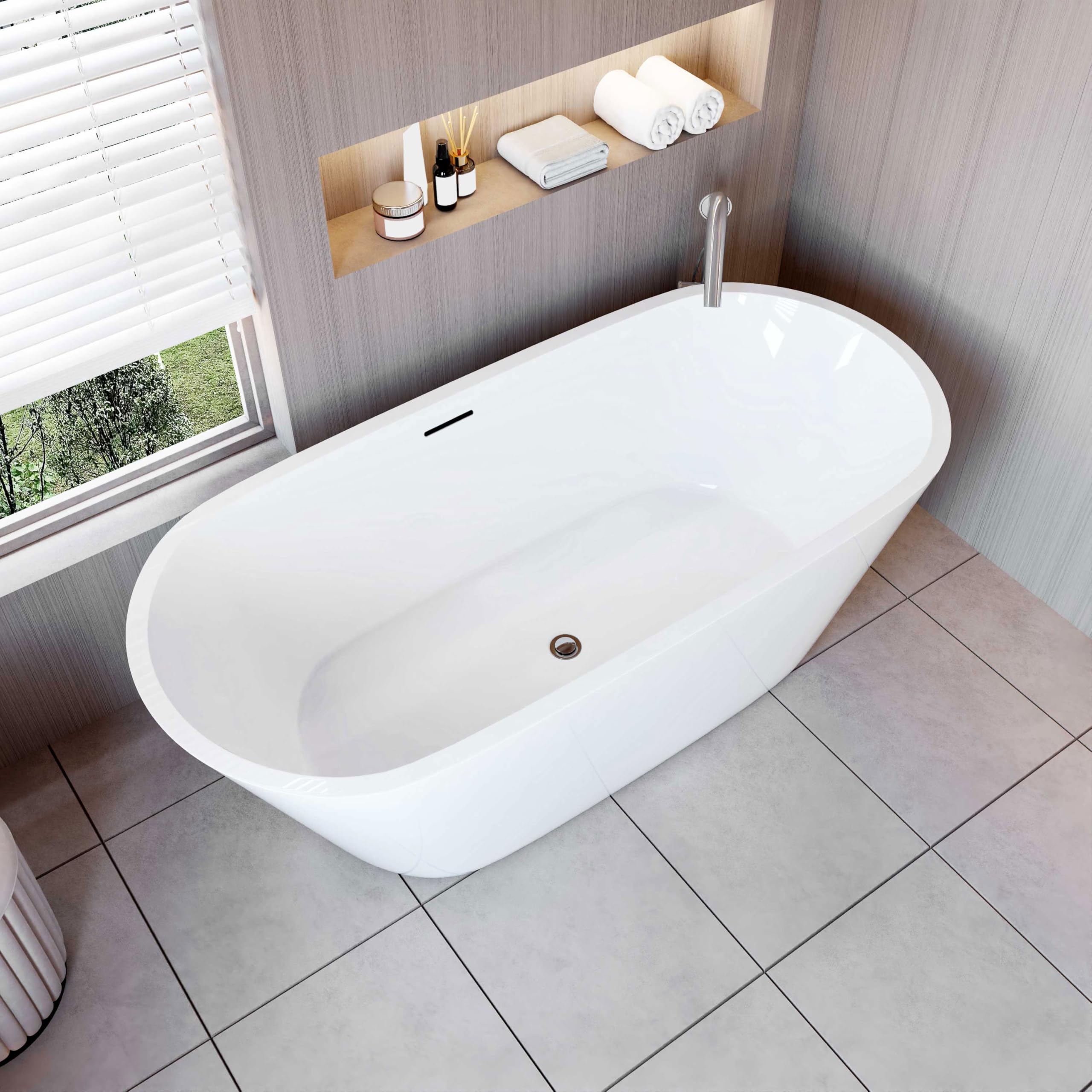 AICA Bañera exenta de acrílico ovalada - 1700x800x580mm - color blanco - incluye manguera + desagüe