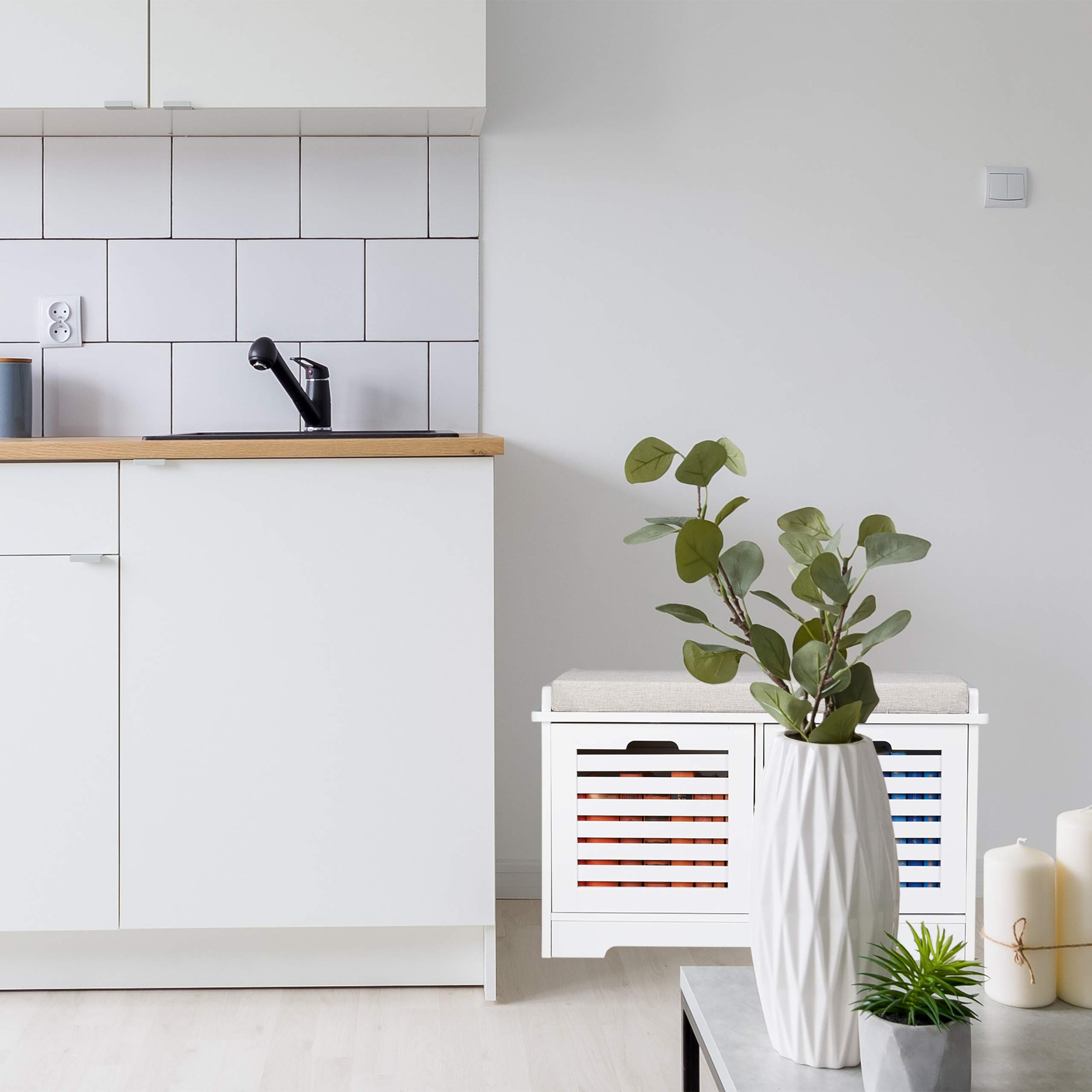 Relaxdays Banc avec Espace Rangement, 2 paniers, Banc Cuisine rembourré, Style campagnard, Commode,HxlxP44x72x35cm,Blanc