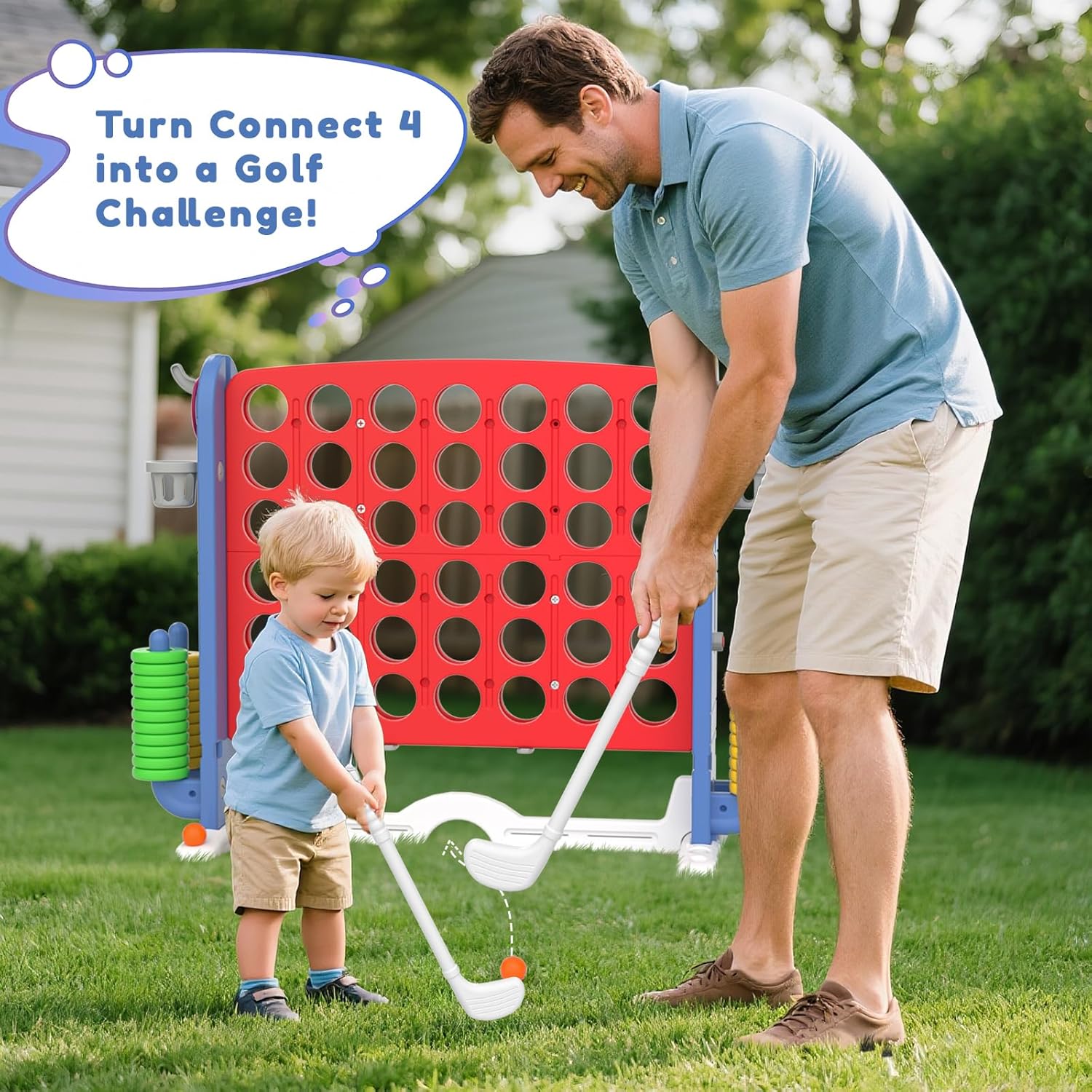 67i Large Outdoor 4-in-a-Row Game Set Adjustable Height – Giant Backyard Combo with Golf, Ring Toss, Basketball (Red)