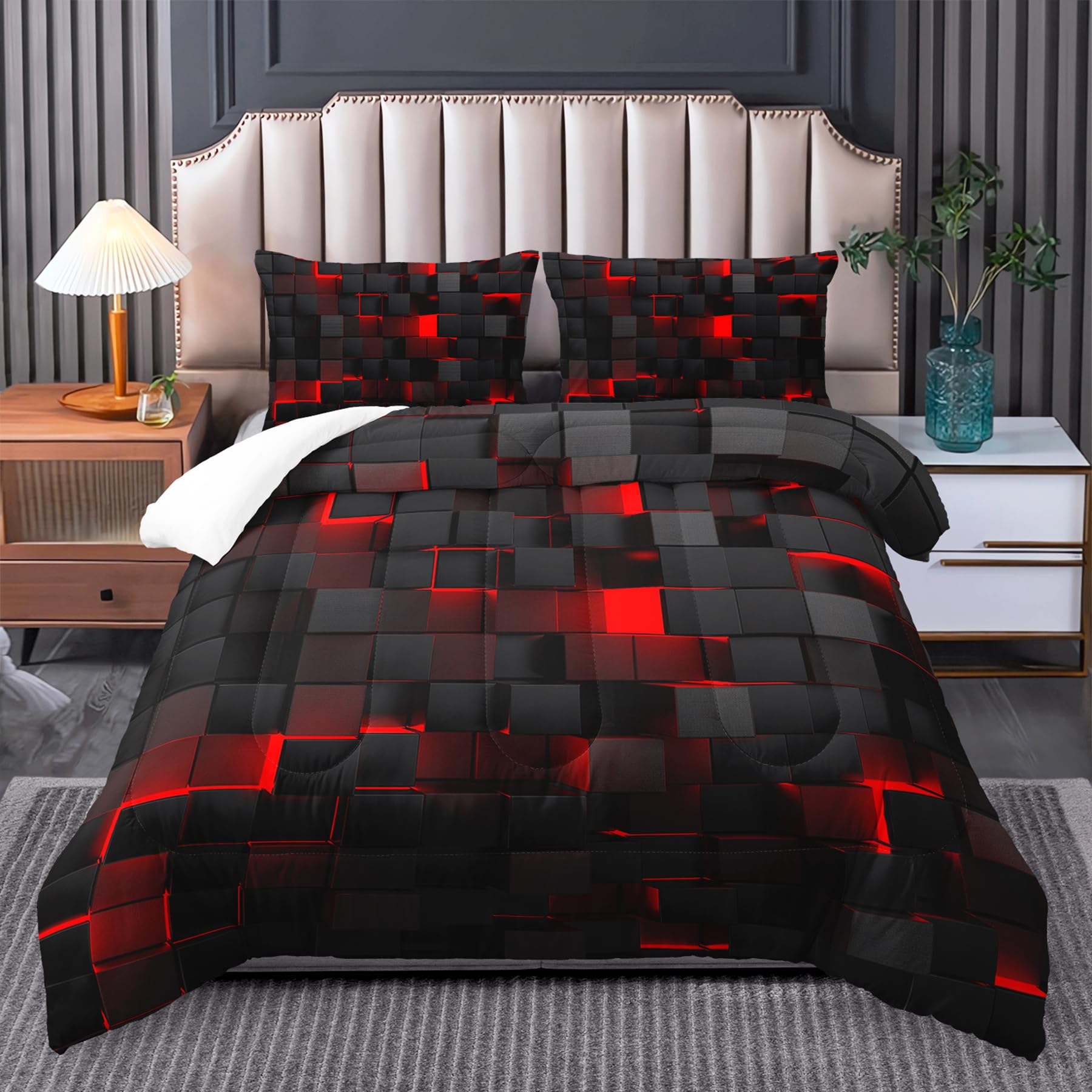 Photo 1 of Tuzaovy red and Black Queen Size Comforter Set,red and Black Room Decor for Bedroom for Women,Queen Quilt Bedding Set Geometry