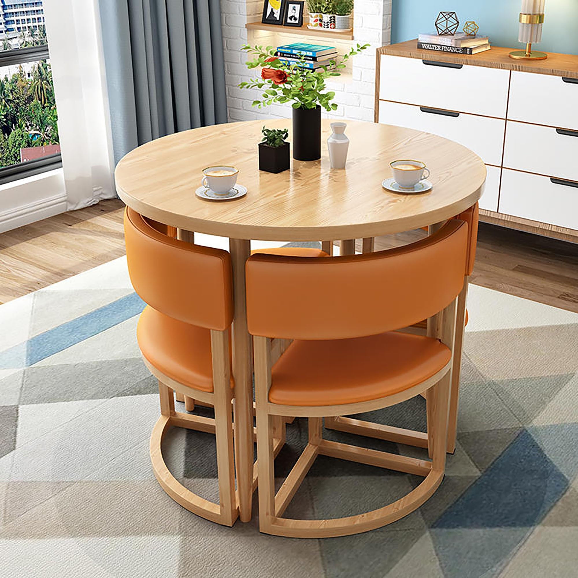 Moderno juego de mesa de comedor gris con 4 sillas de cuero, muebles compactos de 80 cm para oficina en casa y comedor, elegante solución de espacio pequeño