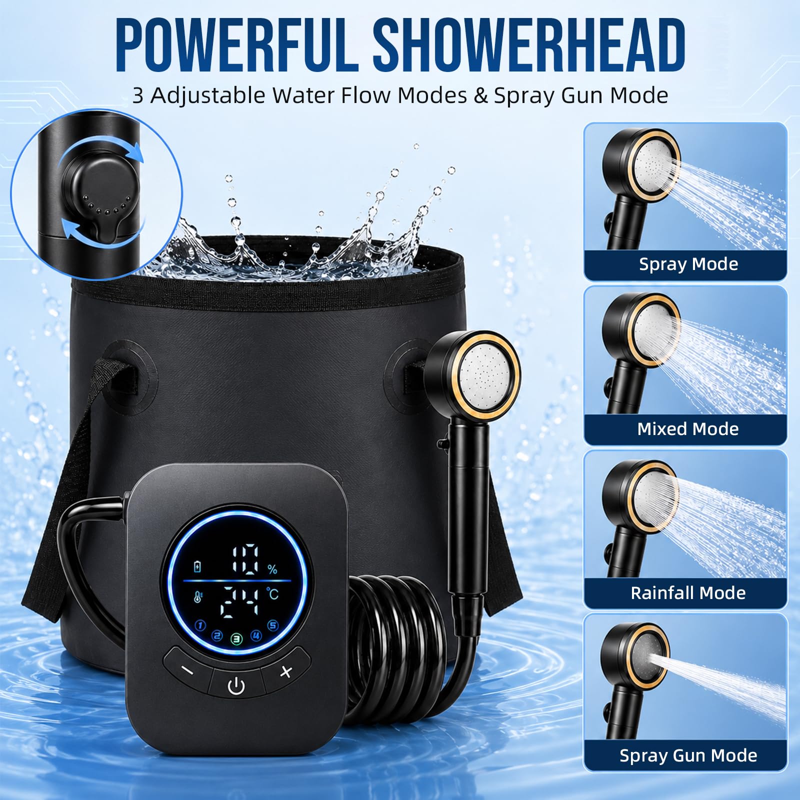 Campingdusche mit Pumpe, Campingdusche Tragbare mit 20L Klappbarer Eimer 8000mAh Camping Dusche Akku Camping Dusche Set inkl. einstellbarem Duschkopf, 2m Schlauch, Sprühpistole & Halterung