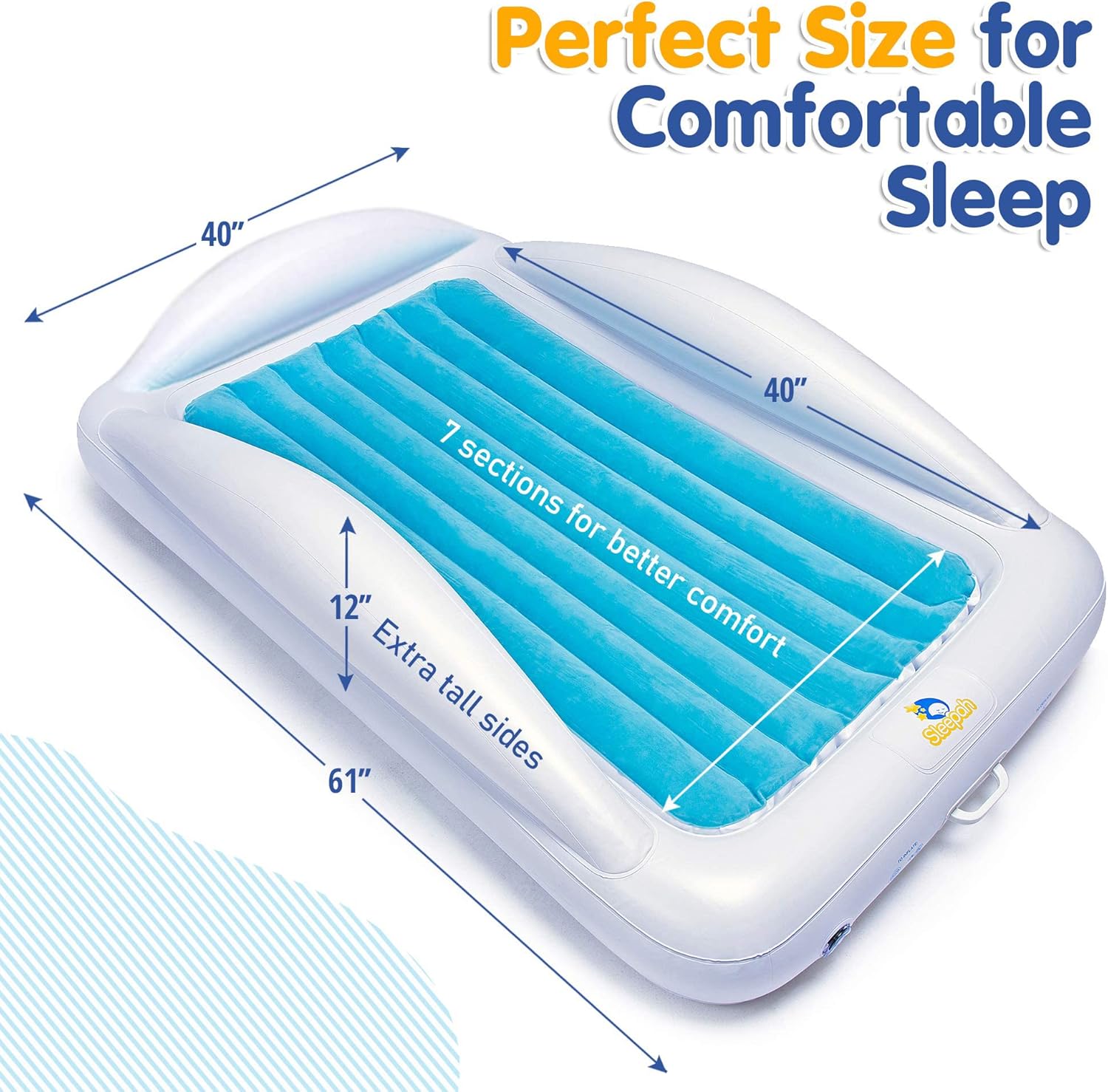 Sleepah Inflatable Toddler Travel Bed Portable Kids Air Mattress Set w Safety Bed Rail Guards for Kids & Toddlers – Set Includes Pump, Carry Case, Pillow & More - Perfect Transitional Cot Aqua
