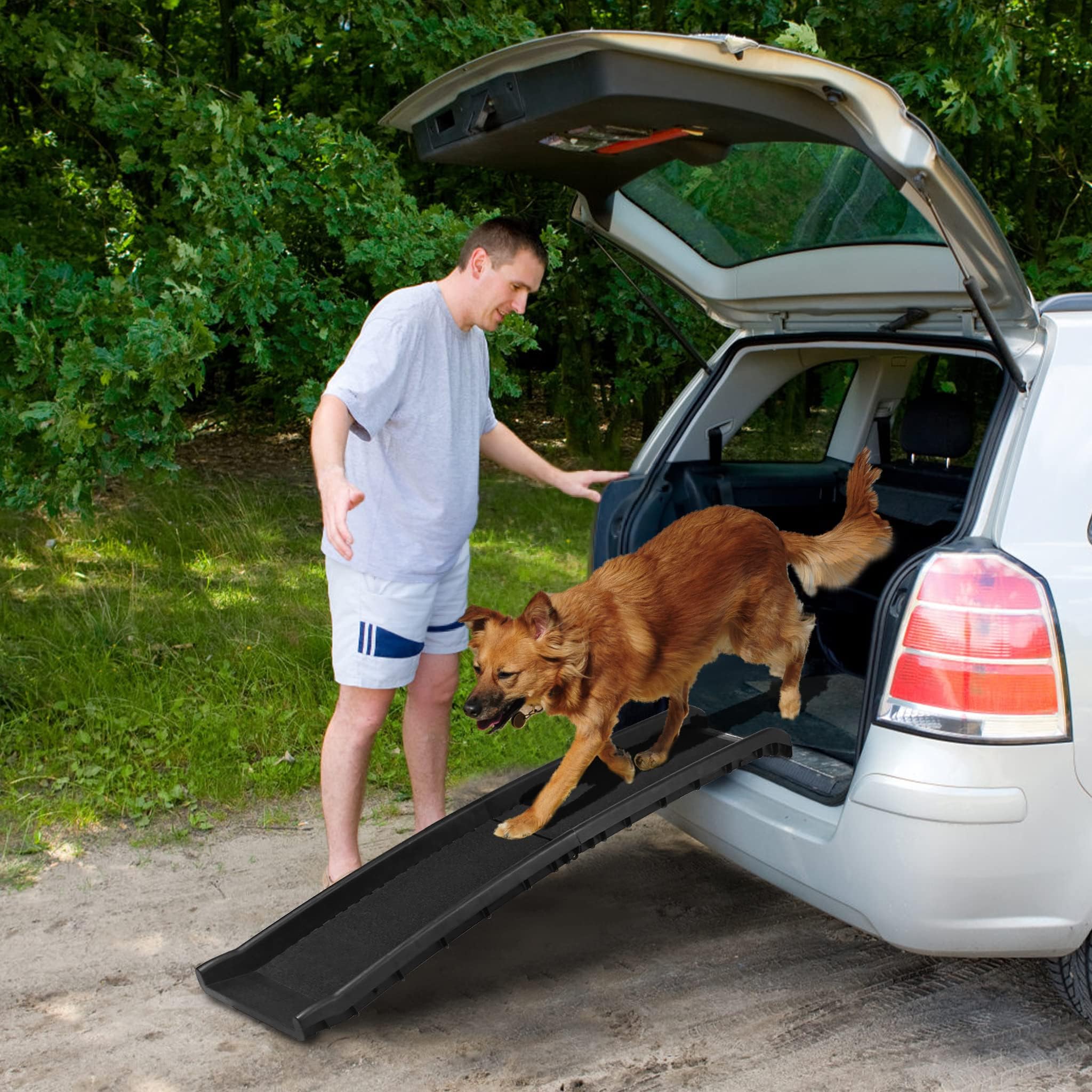 Hunderampe klappbar, Hundeautorampe rutschfeste Einstiegshilfe bis 90 kg, Hundetreppe für Große & Kleine Tiere, Auto Kofferraumrampe Hunde-Treppe, 156 x 40 cm Schwarz