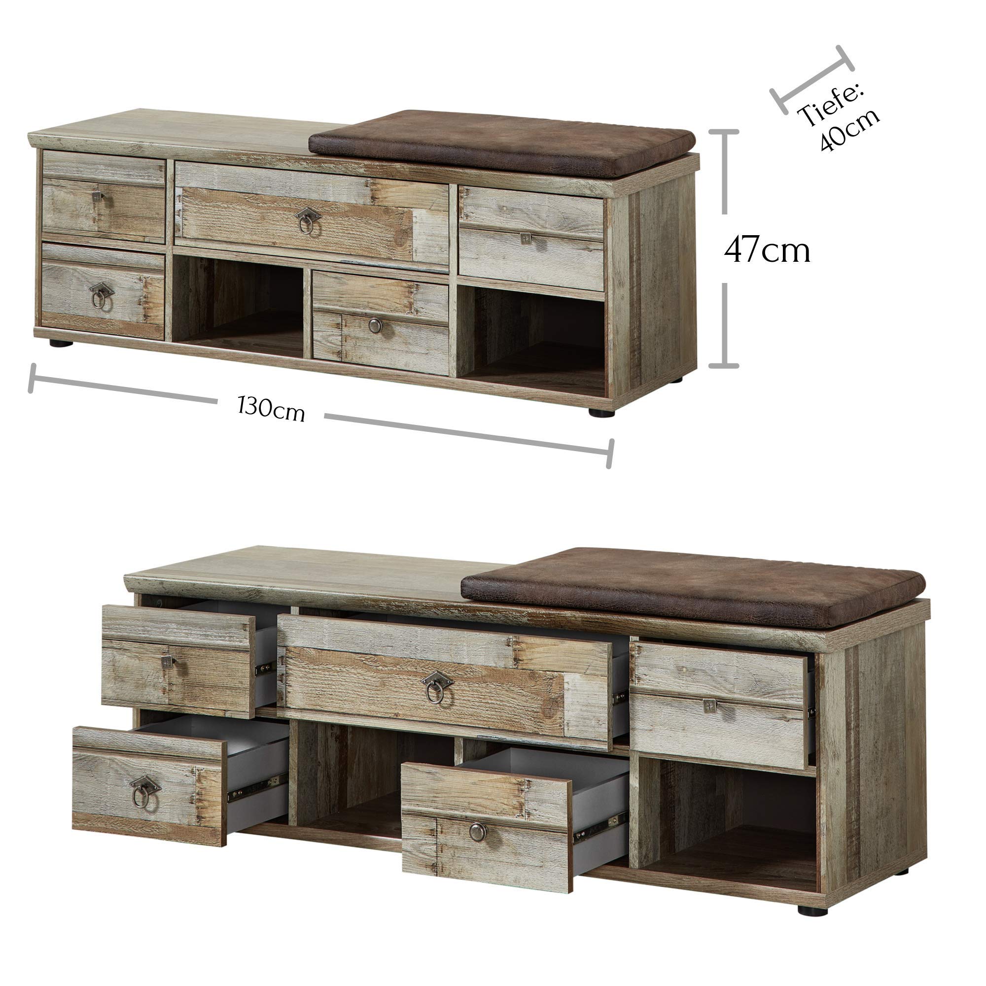 Stella Trading Bonanza Vintage Schuhbank mit Sitzfläche in Driftwood Optik - bequeme Retro Sitzbank mit Stauraum für Ihren Flur - 130 x 47 x 40 cm (B/H/T)