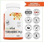 PlantVital Turmeric Curcumin - Fabriqué au Canada - avec poivre noir 1300mg (Taux d'extraits de 4:1 par dose - Anti-inflammatoire & Suppléments Turmériques conjoints de soutien sanitaire - Végétaux & Non-OGM - 120 gélules