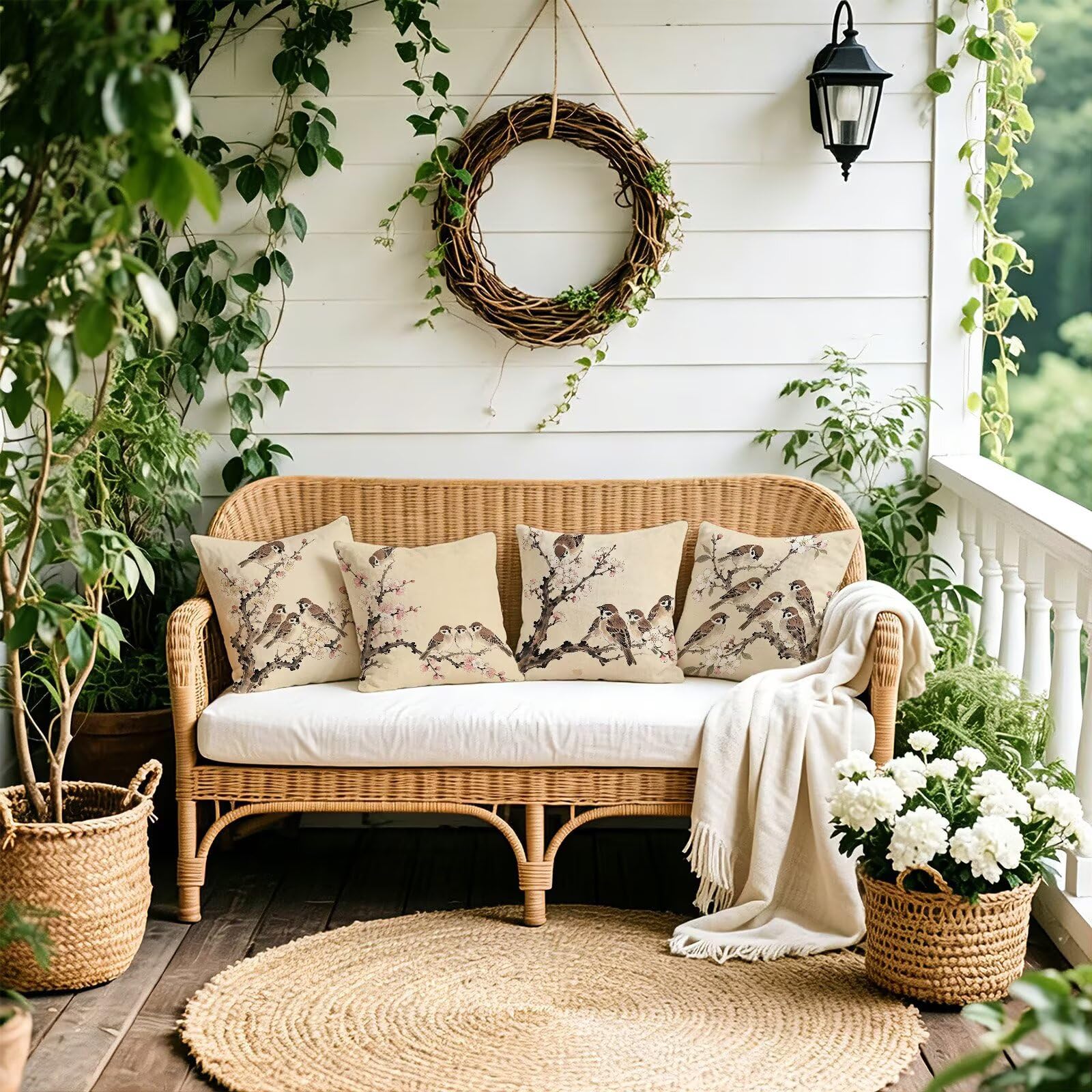Coussin Exterieur Impermeable Beige, Taie Oreiller 45x45 Set de 4, Cod-3454