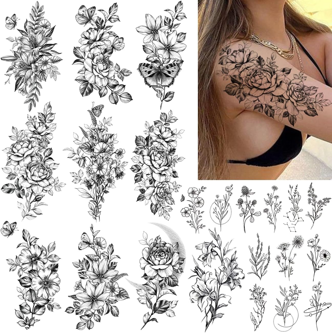 CHARLENT 23 Sheets Flower Temporary Tattoos For Women - Waterproof Realistic Rose Orchid Tattoos Tiny Branch Sketch Fake Tattoos for Women Body Art Arm Neck Hands