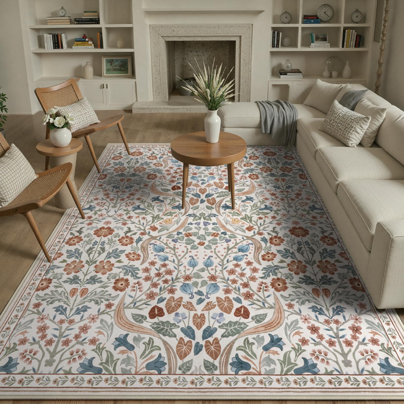 Lahome Claude Floral 8x10 Rugs for Bedroom, Washable Beige Area Rug for Nursery Playroom, Botanical Soft Boho Carpet for Kids Room, Living Room Indoor