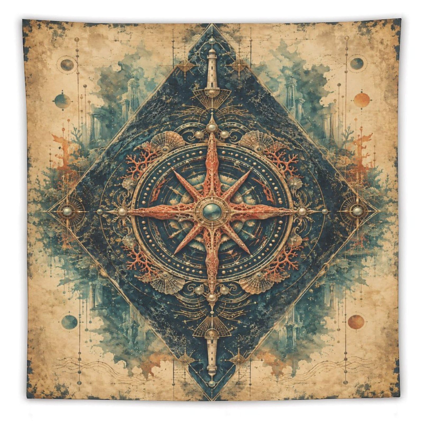 W7C8U2X3 Geometric Compass Rose Wall Tapestry, Cubist Art Style, Backdrop