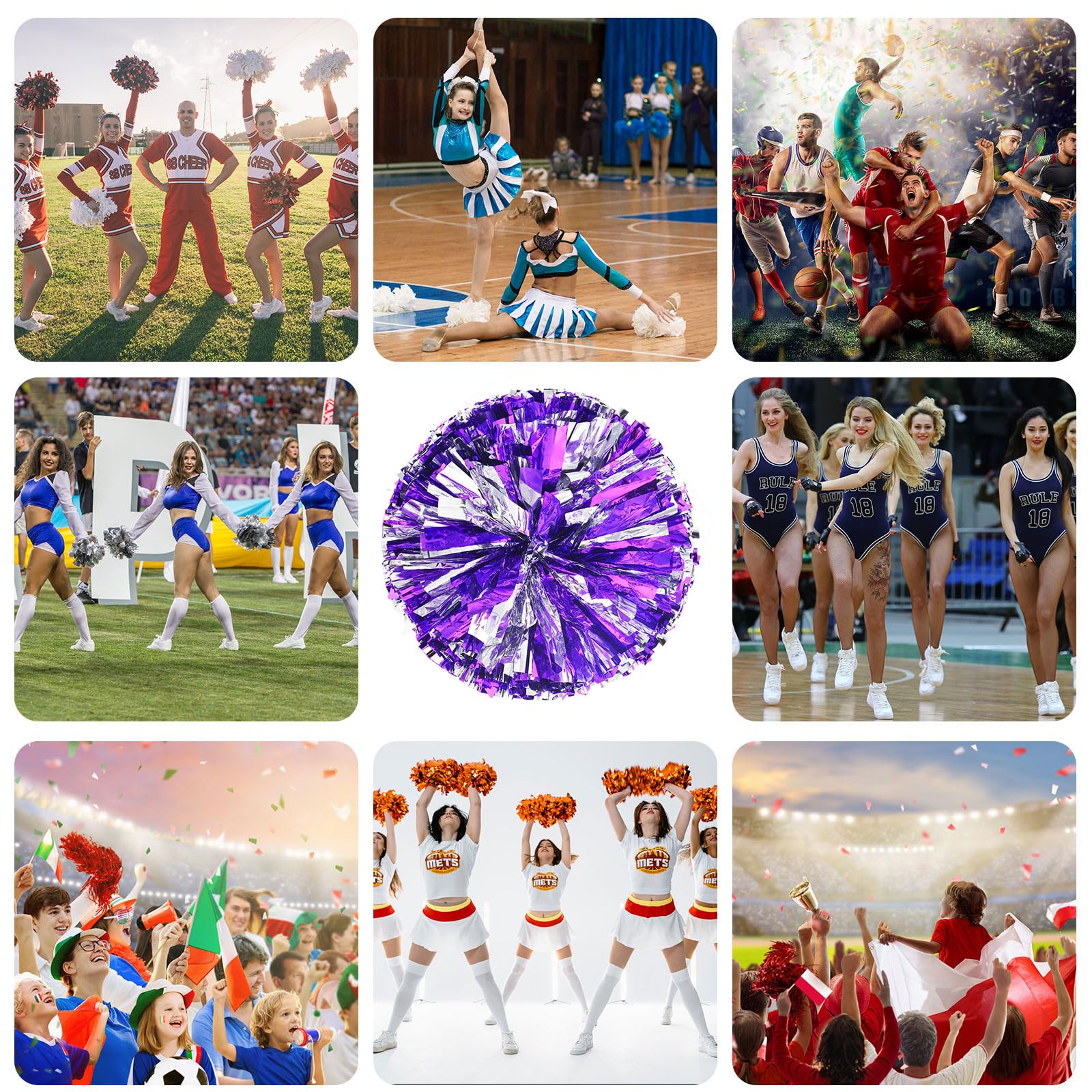 Pompony cheerleaderek, 26 szt. z prostym uchwytem, ręczne pompony drużynowe do drużyny sportowej, cheerleaderek, na imprezę taneczną dla dorosłych (fioletowe + srebrne)