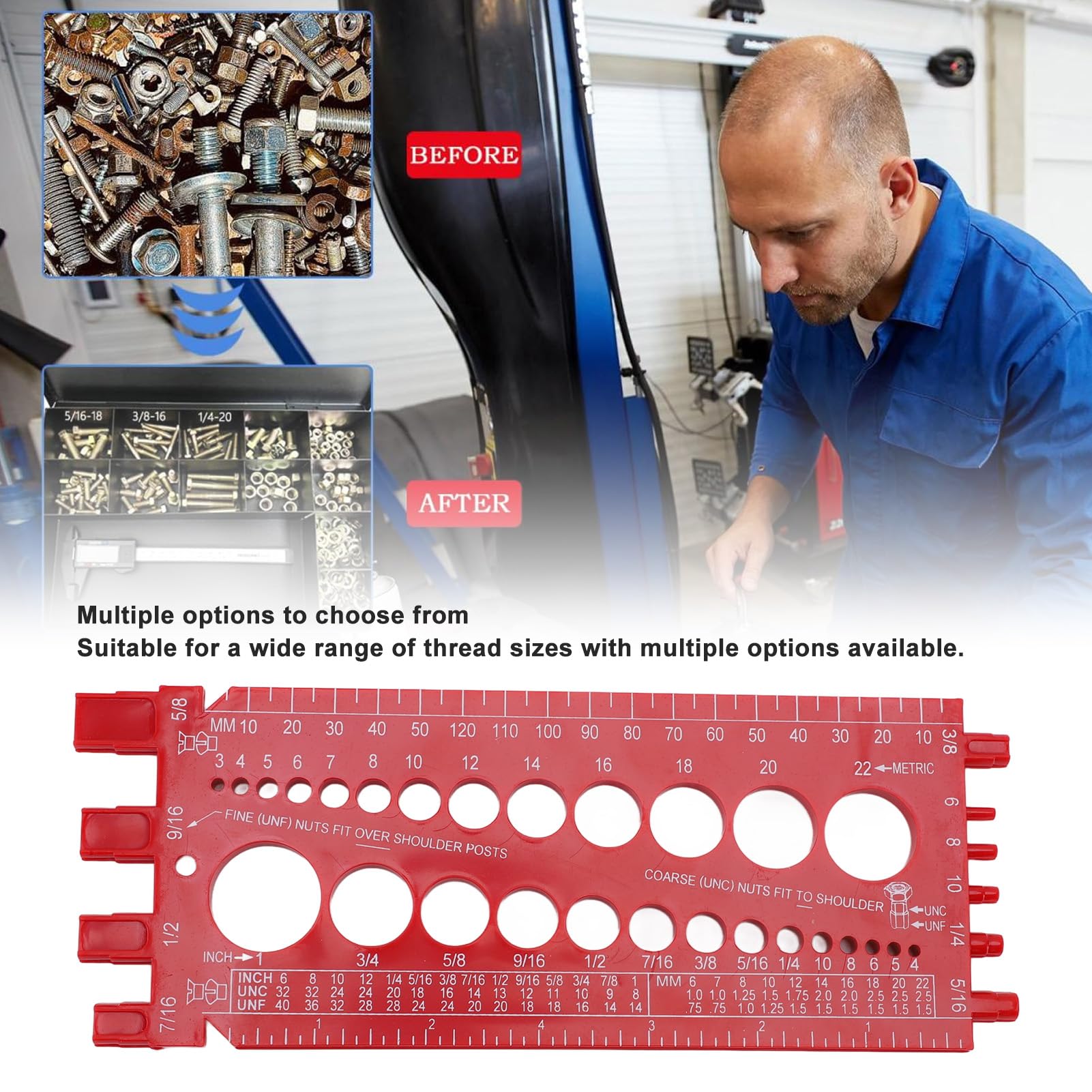 Thread Checker, Nut and Bolt Thread Checker, Bolt Size Finder, Wall Mountable Bolt Thread Identifier Gauge with Inch, CM Ruler