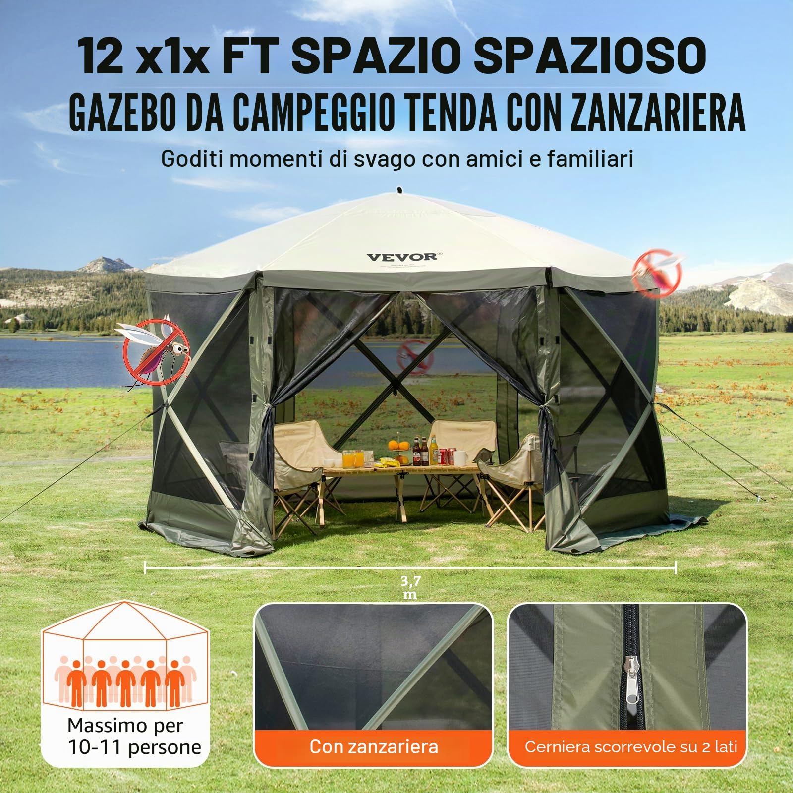 VEVOR Gazebo Pop-Up, Tenda con Schermo Pop-Up, Baldacchino su 6 Lati, Riparo da Sole 6 Panni Antivento Rimovibili Finestre in Rete, con Zanzariera Schermo a Montaggio Rapido 3,66 x 3,66 m Verde