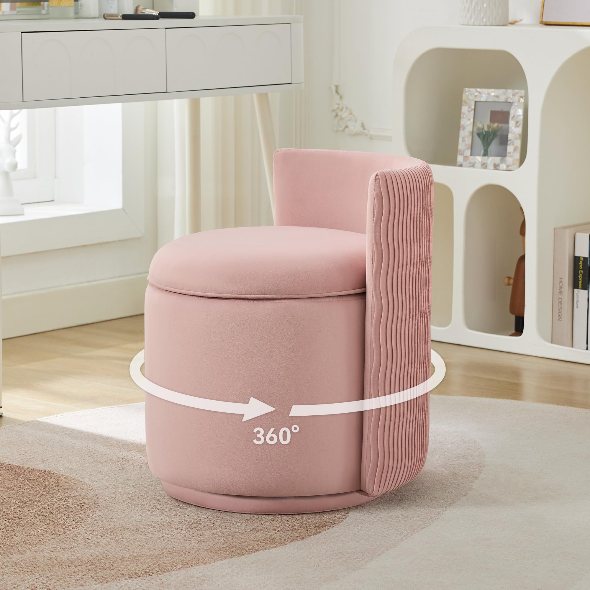 WUTUTUEE Velvet Vanity Chair with Storage, 360° Swivel Makeup Chair with Wave Back, No Assembly Small Accent Stool for Bedroom, Dressing, Living Room,