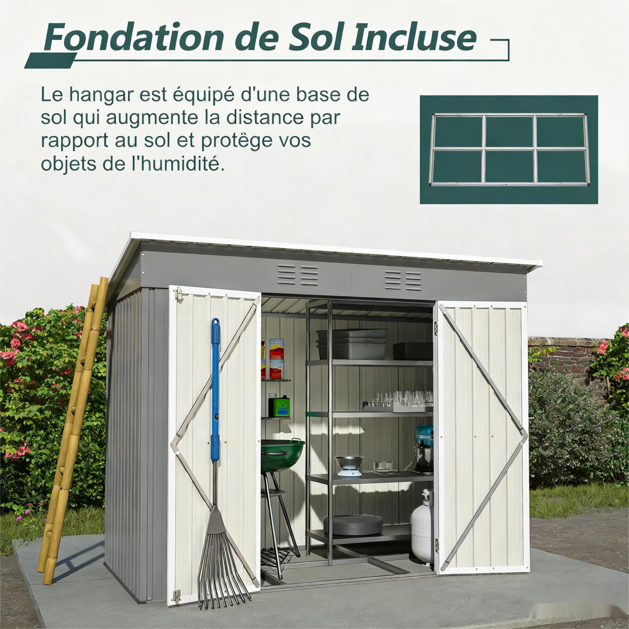 Abri de jardin gris 229 x 111 x 182 cm, en métal, compact, avec fondation, résistant aux intempéries avec serrure, pour terrasse, balcon, jardin