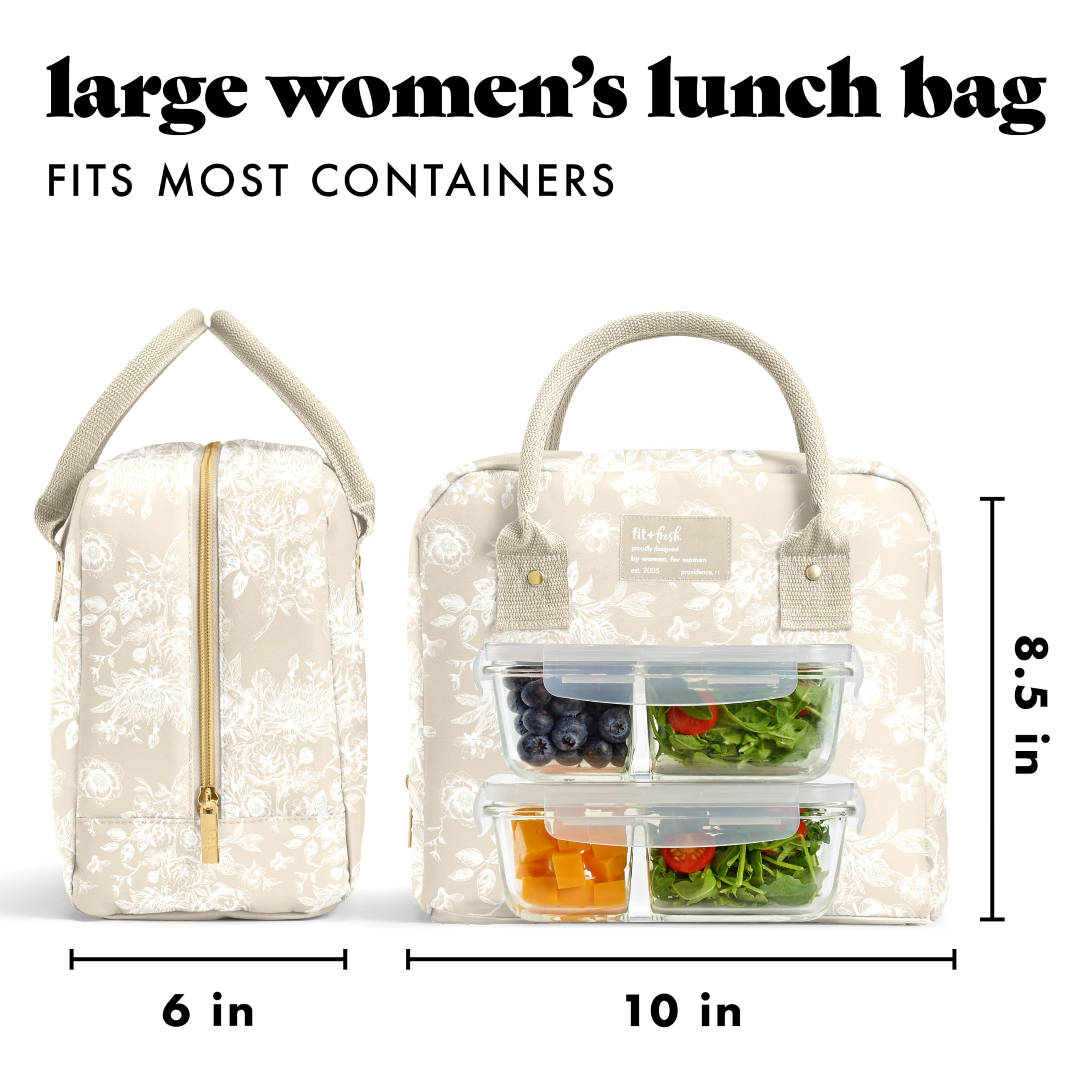 Fit & Fresh Bloomington Bolsa de almuerzo isotérmica para mujer – Gran caja de almuerzo isotérmica para trabajar con contenedores, antifugas, resistente a las manchas, cremallera, lona marrón claro