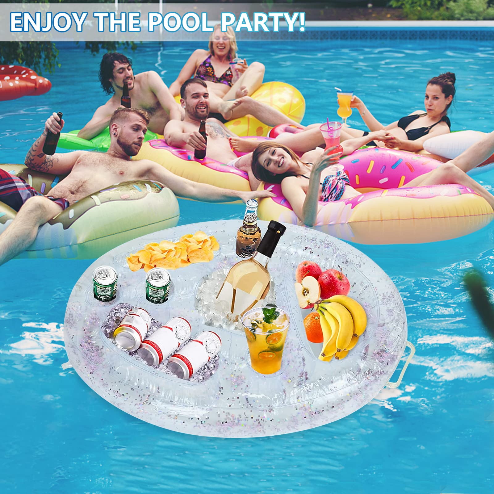 Posavasos hinchable 2 en 1 para bebidas y aperitivos con 8 agujeros, posavasos flotante hinchable para piscina, barra flotante para piscina para fiesta en la piscina, playa, fiesta