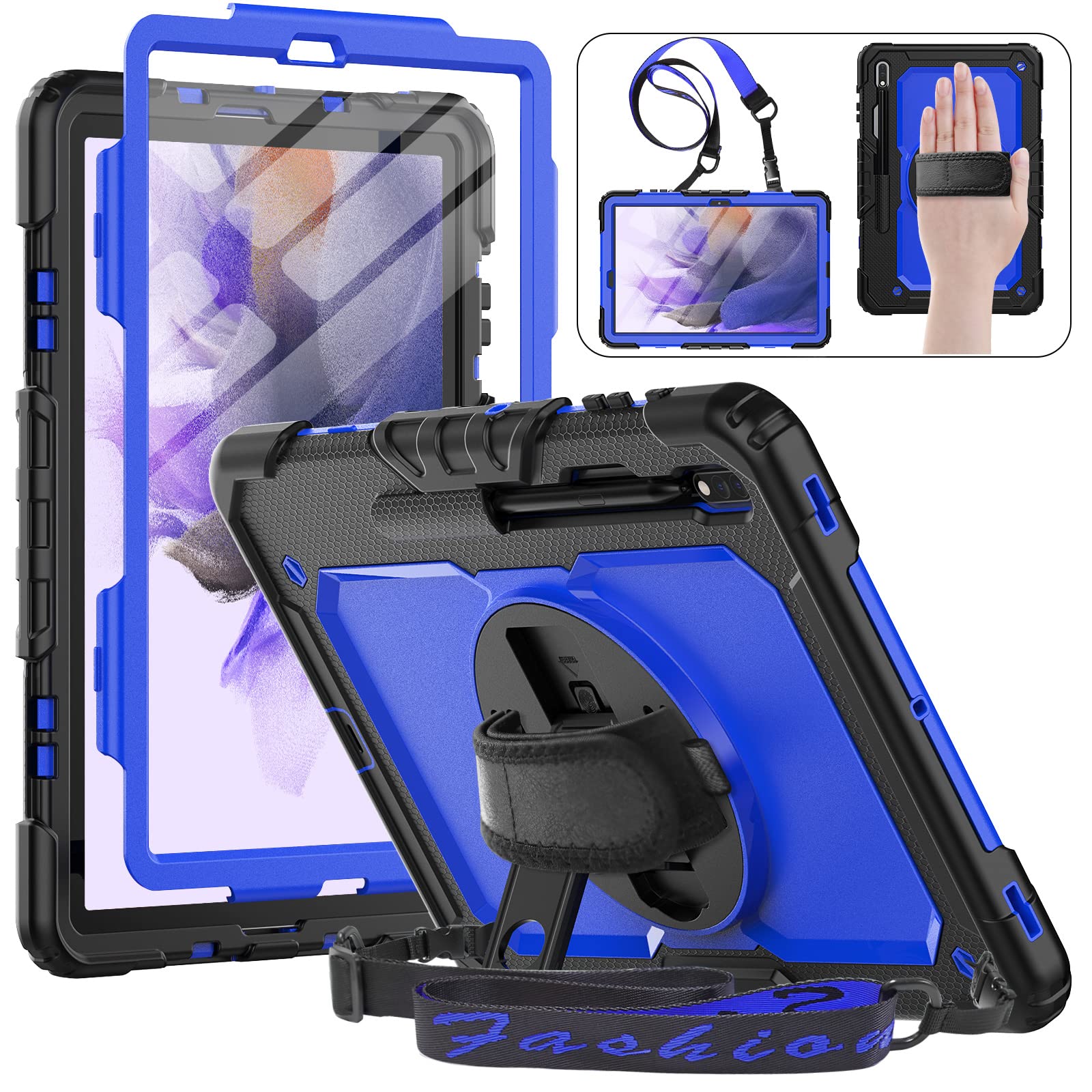 HXCASEAC for Galaxy Tab S7 FE / S8 Plus / S7 Plus 5G Case 12.4 inch with Screen Protector/Pen Holder / 360 Rotating Strap Stand, Heavy Duty Samsung Galaxy S7 FE / S8 Plus Tablet Case - Blue/Black