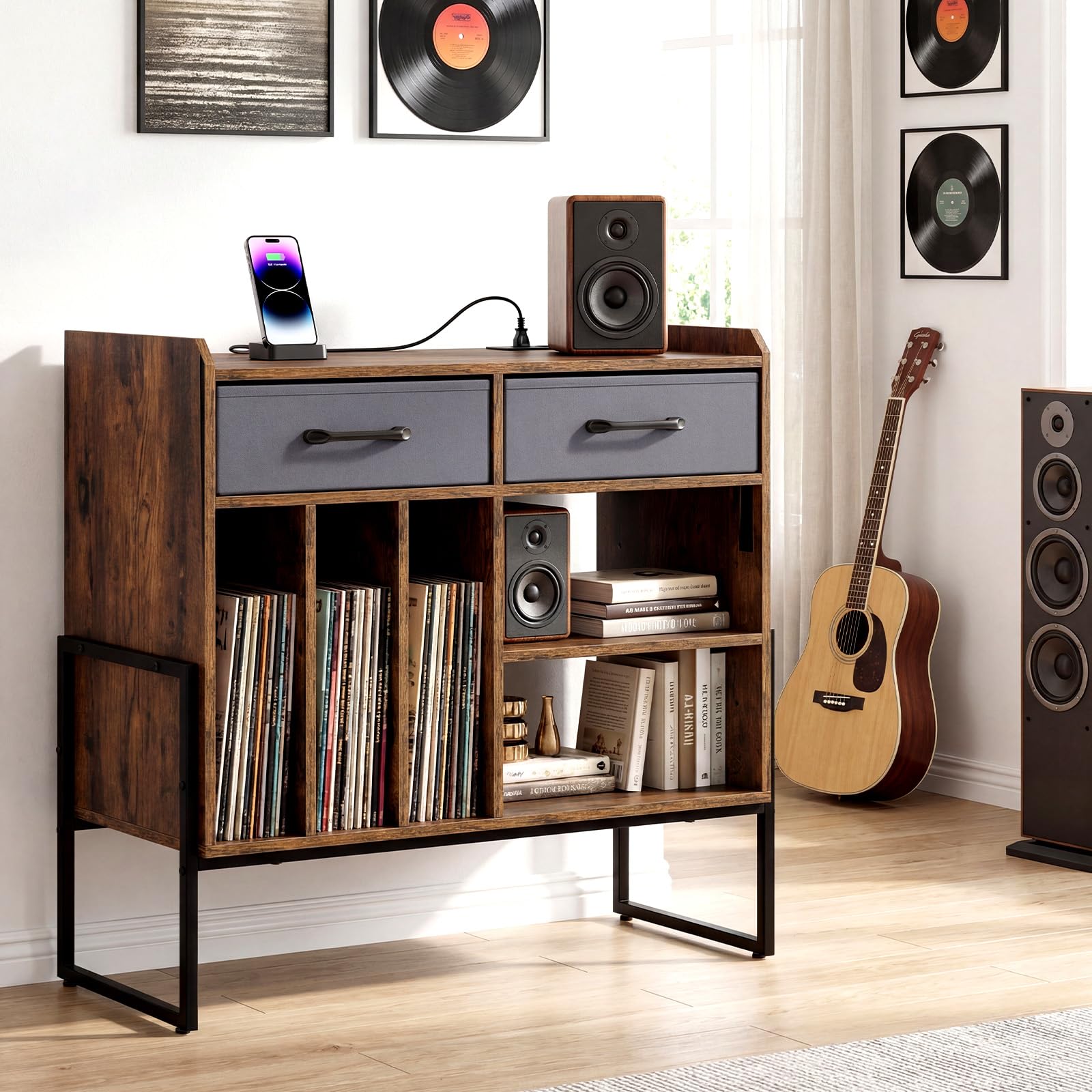 COSTWAY Supporto per Giradischi in Vinile, Mobile per Giradischi con Stazione di Ricarica, 2 Cassetti Rimovibili in Tessuto e Ripiano Regolabile, Supporto Porta Dischi Vinile per Soggiorno, Studio
